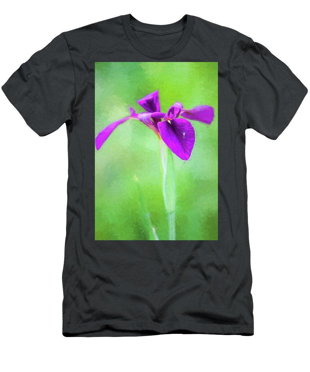 Iris T-Shirt featuring the photograph Purple on Green Louisiana Iris by Kathy Clark