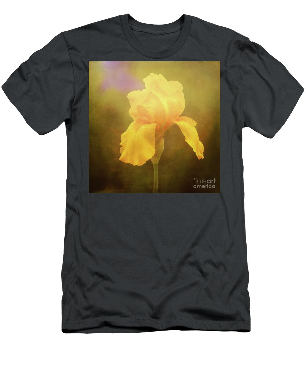 Iris T-Shirt featuring the photograph Radiant Yellow Iris with a Vintage Touch by Anita Pollak
