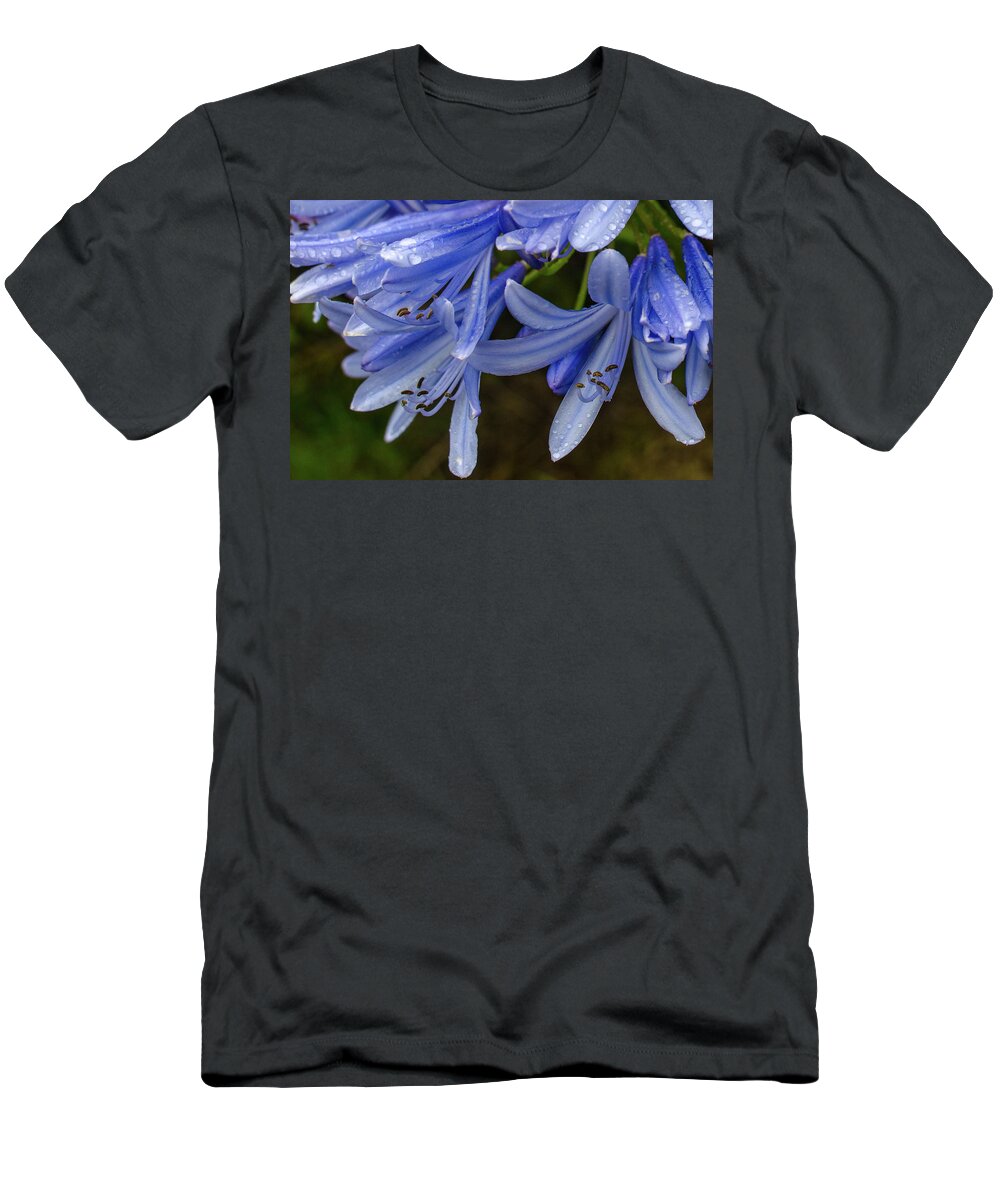 Alii Kula Lavender Farm T-Shirt featuring the photograph Rain Drops on Blue Flower by Jeff Phillippi