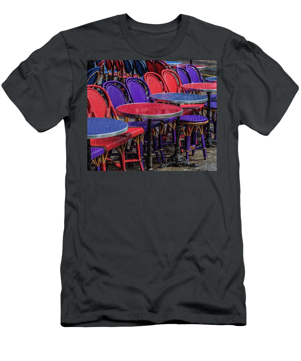 Rain T-Shirt featuring the photograph Rain on Paris Tables by Gary Karlsen