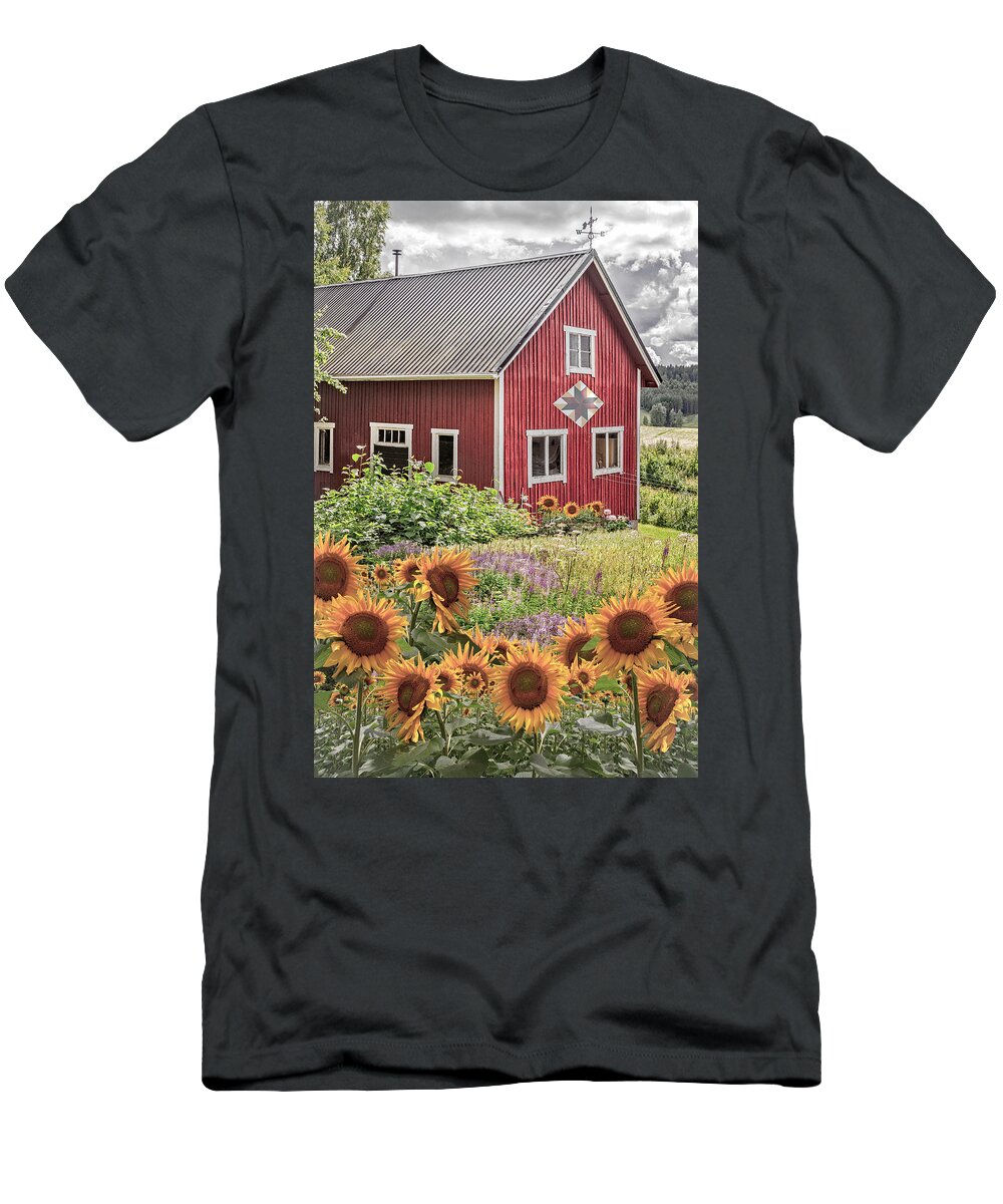 Barn T-Shirt featuring the photograph Red Barn in Summer Country Sunflowers by Debra and Dave Vanderlaan