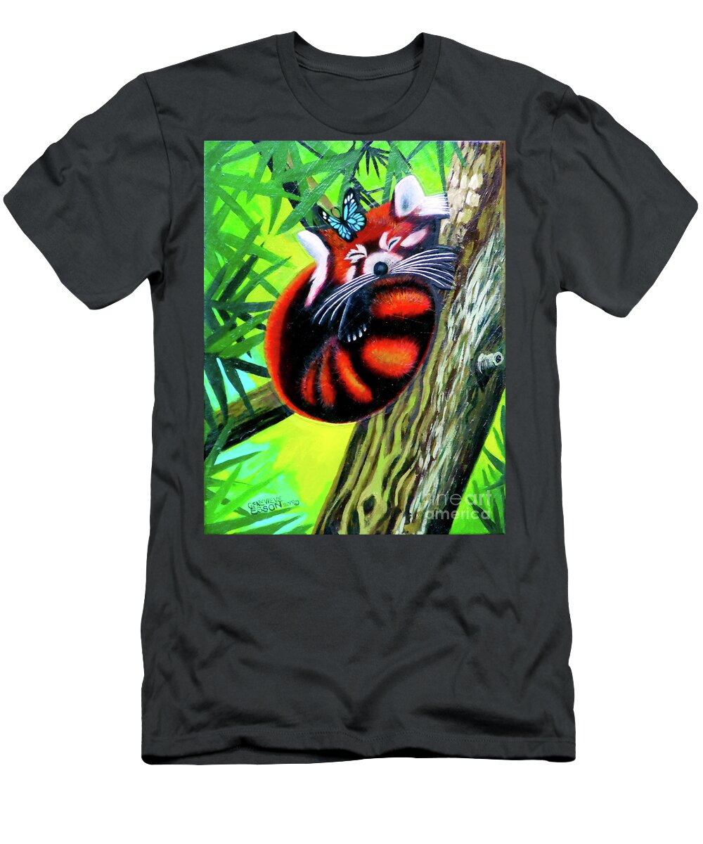 Red Panda T-Shirt featuring the mixed media Red Panda With Blue Butterfly by Genevieve Esson