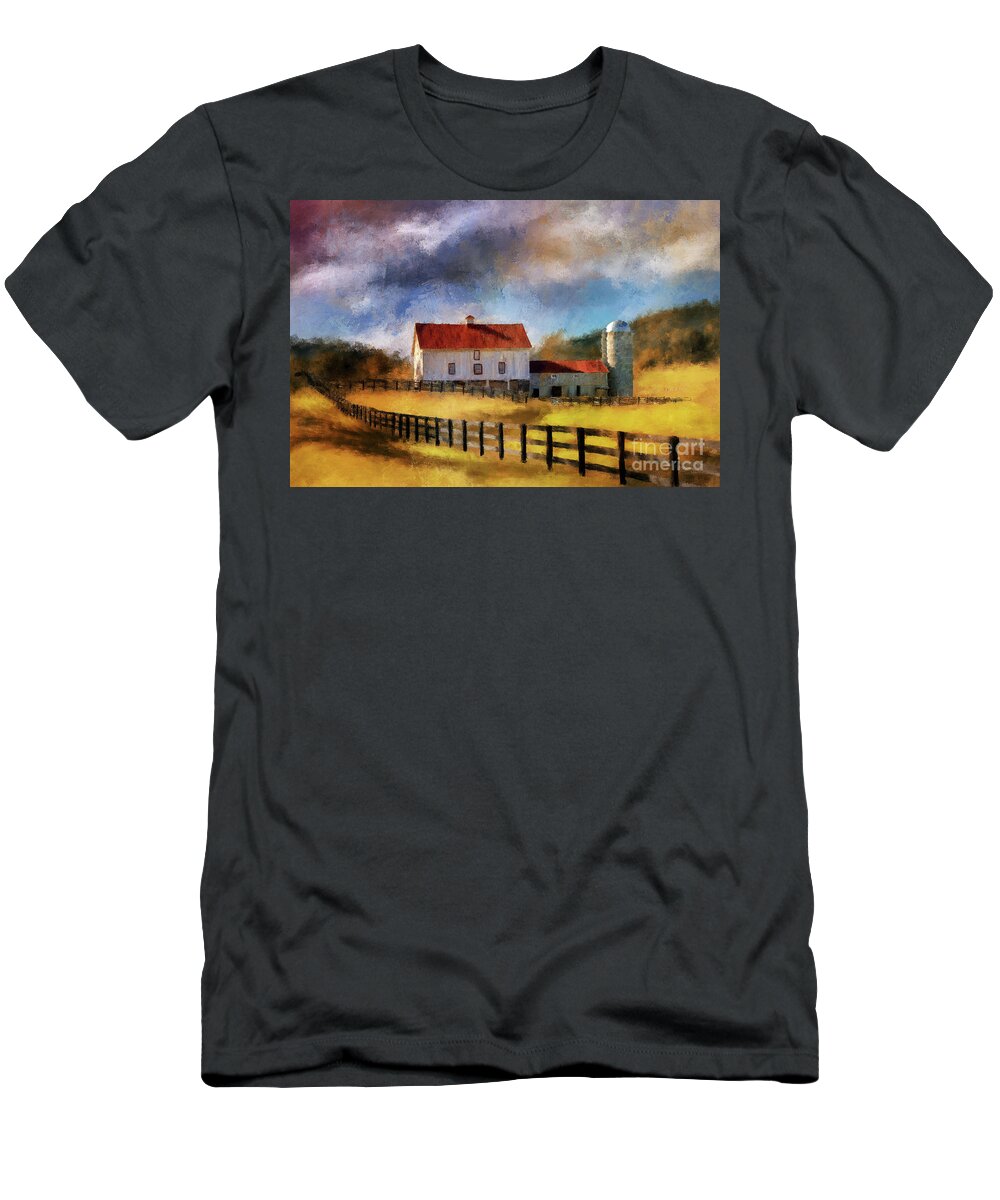 Barn T-Shirt featuring the digital art Red Roof Barn In Autumn by Lois Bryan