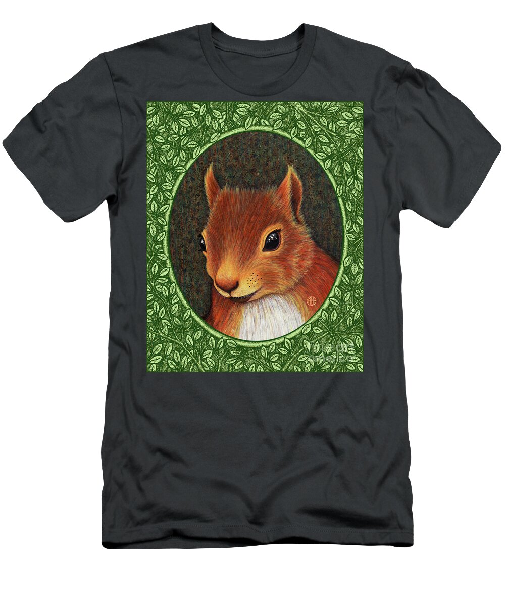 Animal Portrait T-Shirt featuring the painting Red Squirrel Portrait - Green Border by Amy E Fraser