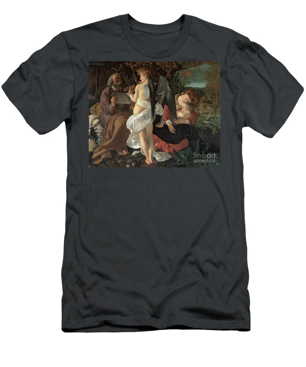 Caravaggio T-Shirt featuring the painting Rest On The Flight Into Egypt, Circa 1603 by Michelangelo Merisi Da Caravaggio