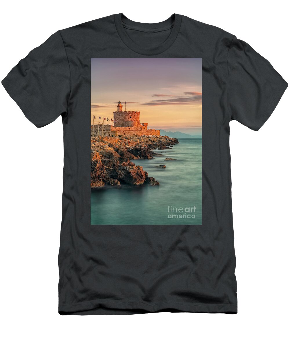 Long T-Shirt featuring the photograph Rhodes Fort of St Nicholas and Lighthouse by Antony McAulay