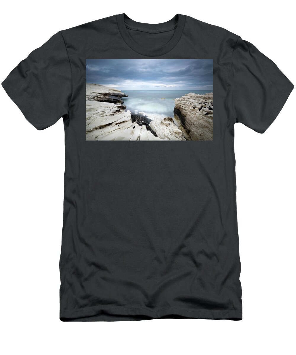 Seascape T-Shirt featuring the photograph Rocky coast with white limestones and cloudy sky by Michalakis Ppalis