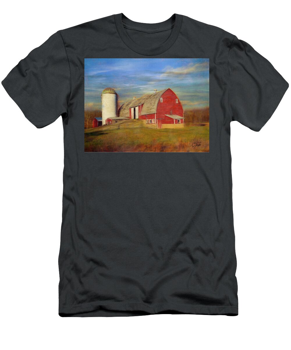 Red Barns T-Shirt featuring the mixed media Ruby Red Barn Country by Colleen Taylor