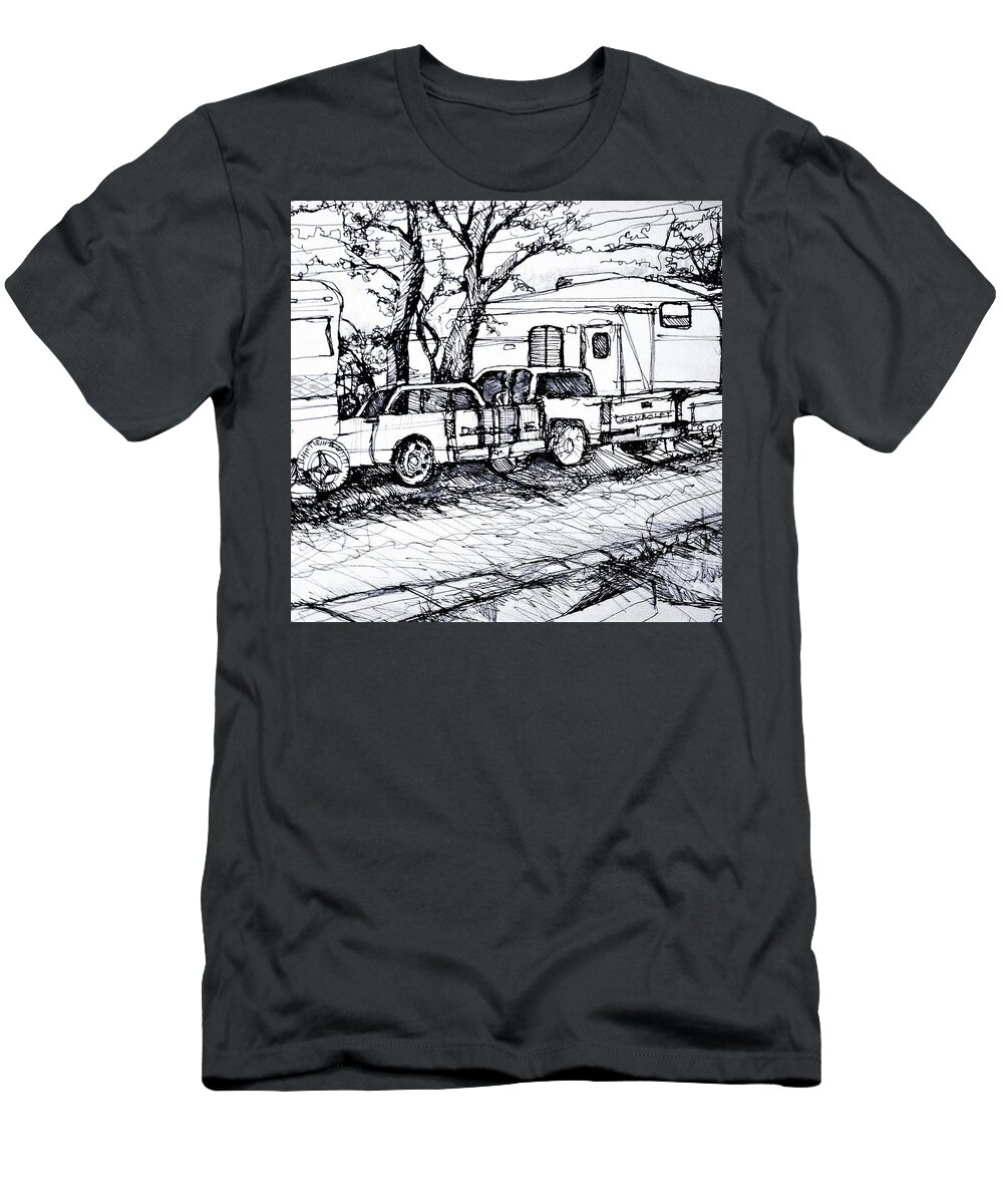 Rv T-Shirt featuring the painting RV Park and Trucks by Linda Shackelford