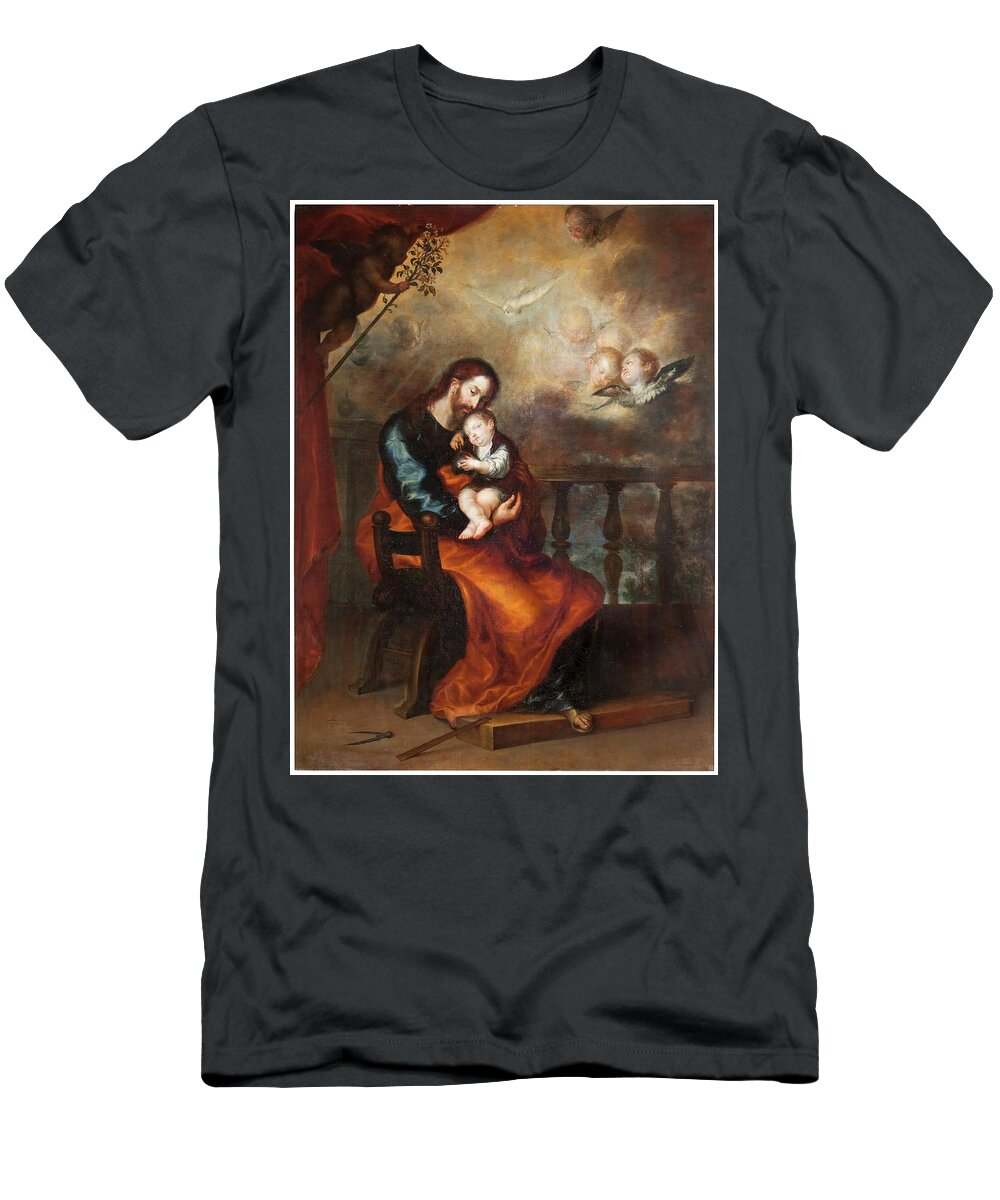 Camilo Francisco T-Shirt featuring the painting 'Saint Joseph with the Christ Child Sleeping in his Arms'. 1652. Oil on canvas. by Francisco Camilo -1615-1673-