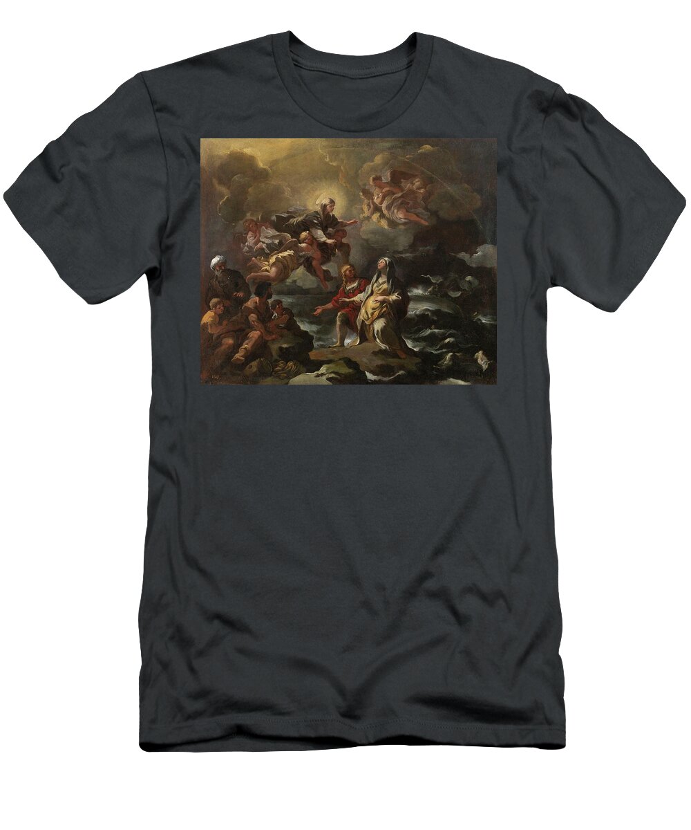 Giordano Luca T-Shirt featuring the painting 'Santa Brigida salvada de un naufragio por la Virgen', ca. 1700, Italian School,... by Luca Giordano -1634-1705-
