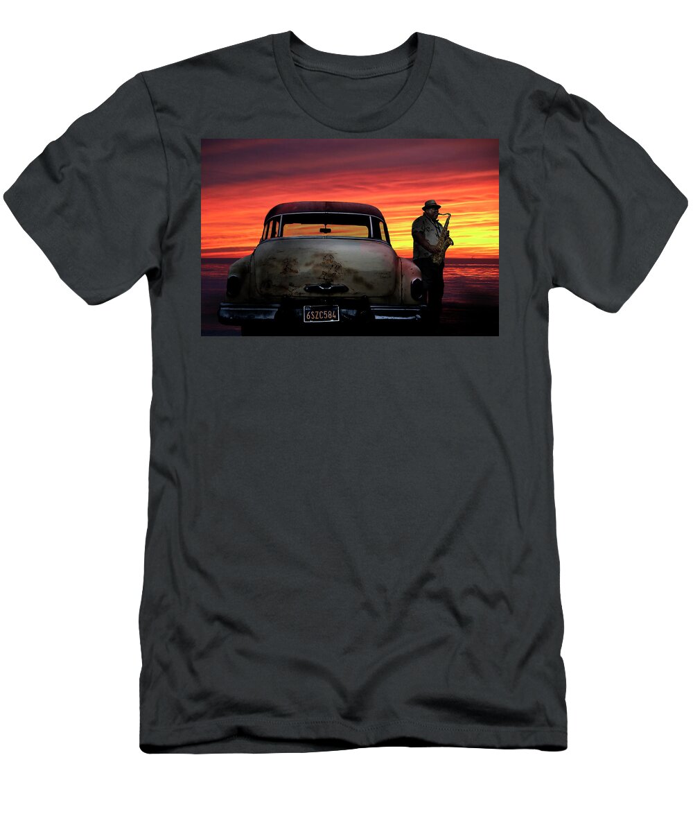 Transportation T-Shirt featuring the photograph Saxophone Player Pacific Ocean Sunset by Larry Butterworth