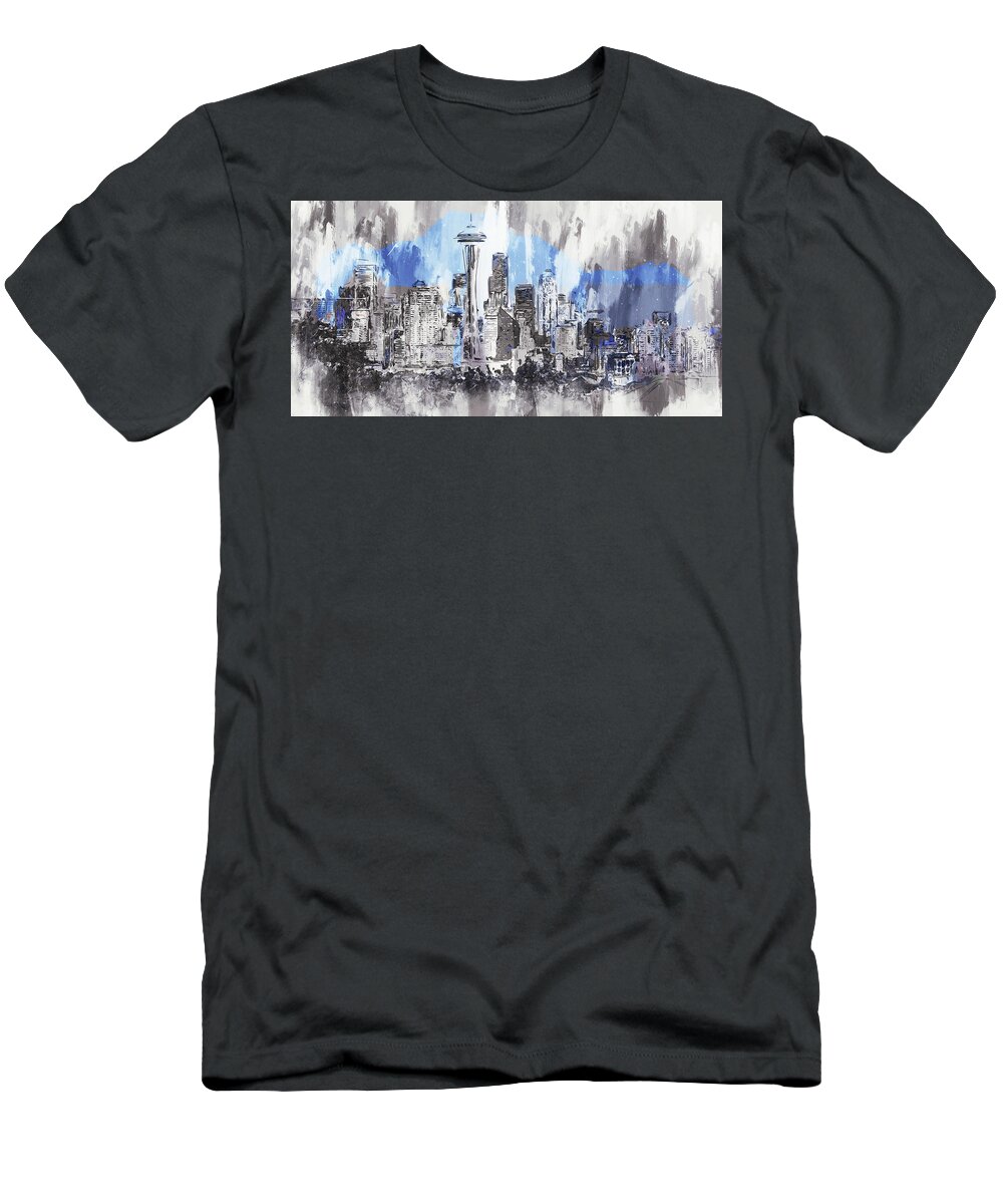 Seattle T-Shirt featuring the painting Seattle Skyline - 08 by AM FineArtPrints