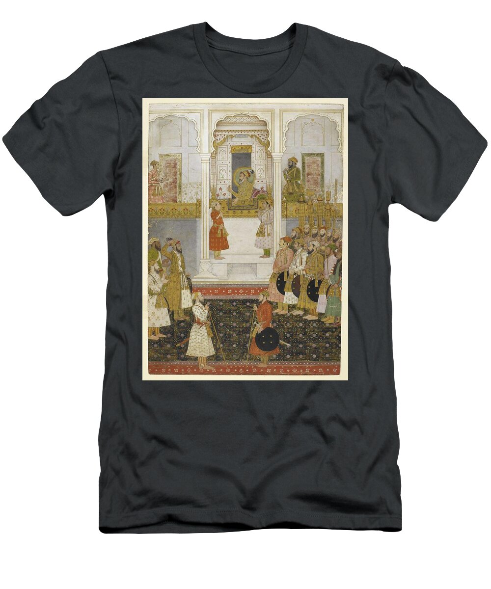 Man T-Shirt featuring the painting Shah Jahan in durbar, holding a ruby in his right hand chauri-bearers stand on either side of him by Celestial Images