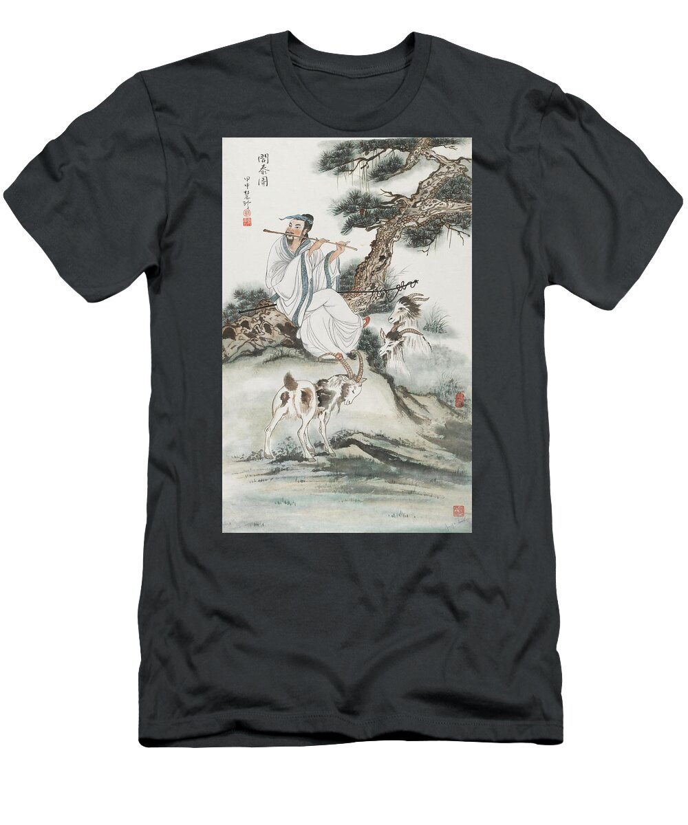 Chinese Watercolor T-Shirt featuring the painting Shepherd Serenading His Goats by Jenny Sanders