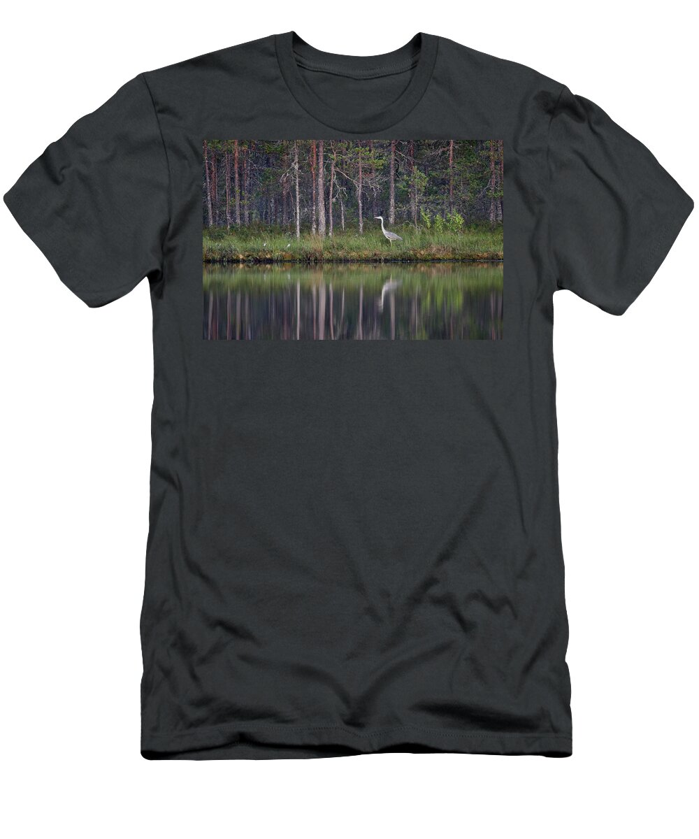 Ardea Cinerea T-Shirt featuring the photograph Showing the profile by the lake. Grey Heron by Jouko Lehto