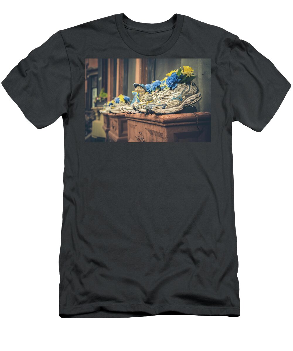 Sneakers With Flowers T-Shirt featuring the photograph Sneakers With Flowers - Boston Marathon by Joann Vitali