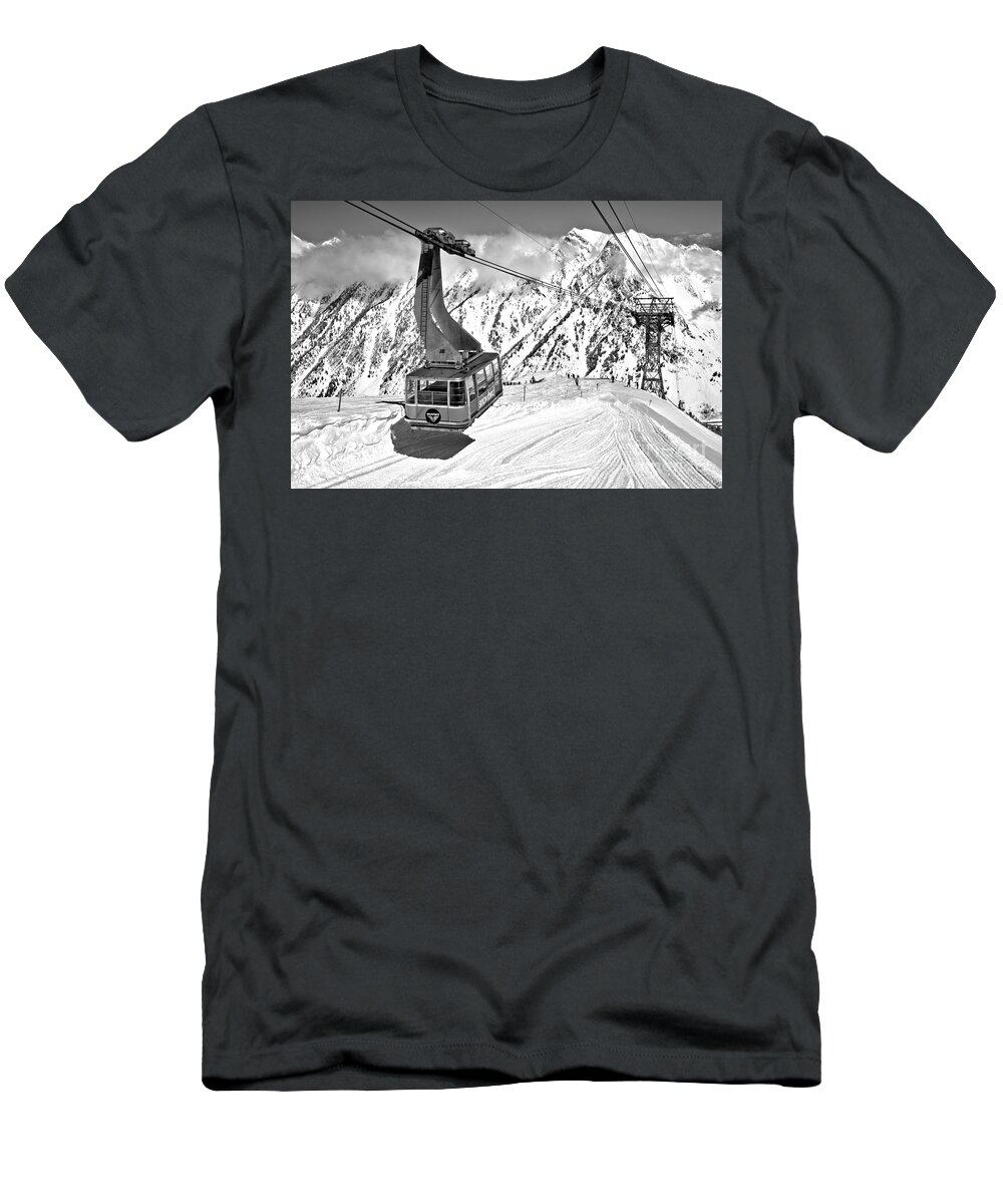 Snowbird T-Shirt featuring the photograph Snowbird Blue Tram Shadow Black And White by Adam Jewell
