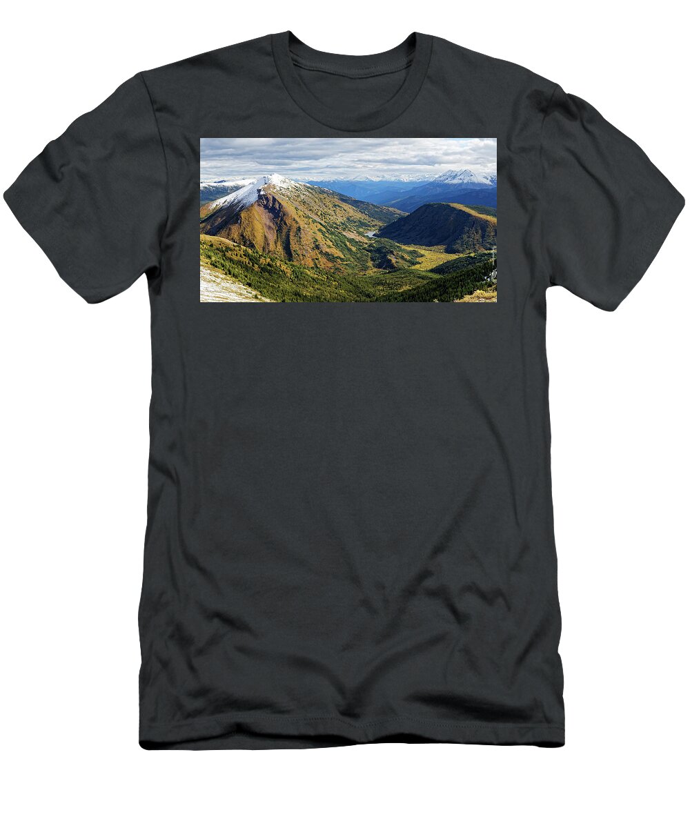 Scenic View T-Shirt featuring the photograph Snowcapped Mountains Panorama Mountain Range Trees Forest Valley Tall Rolling Hills Snow Steep Wide by Robert C Paulson Jr