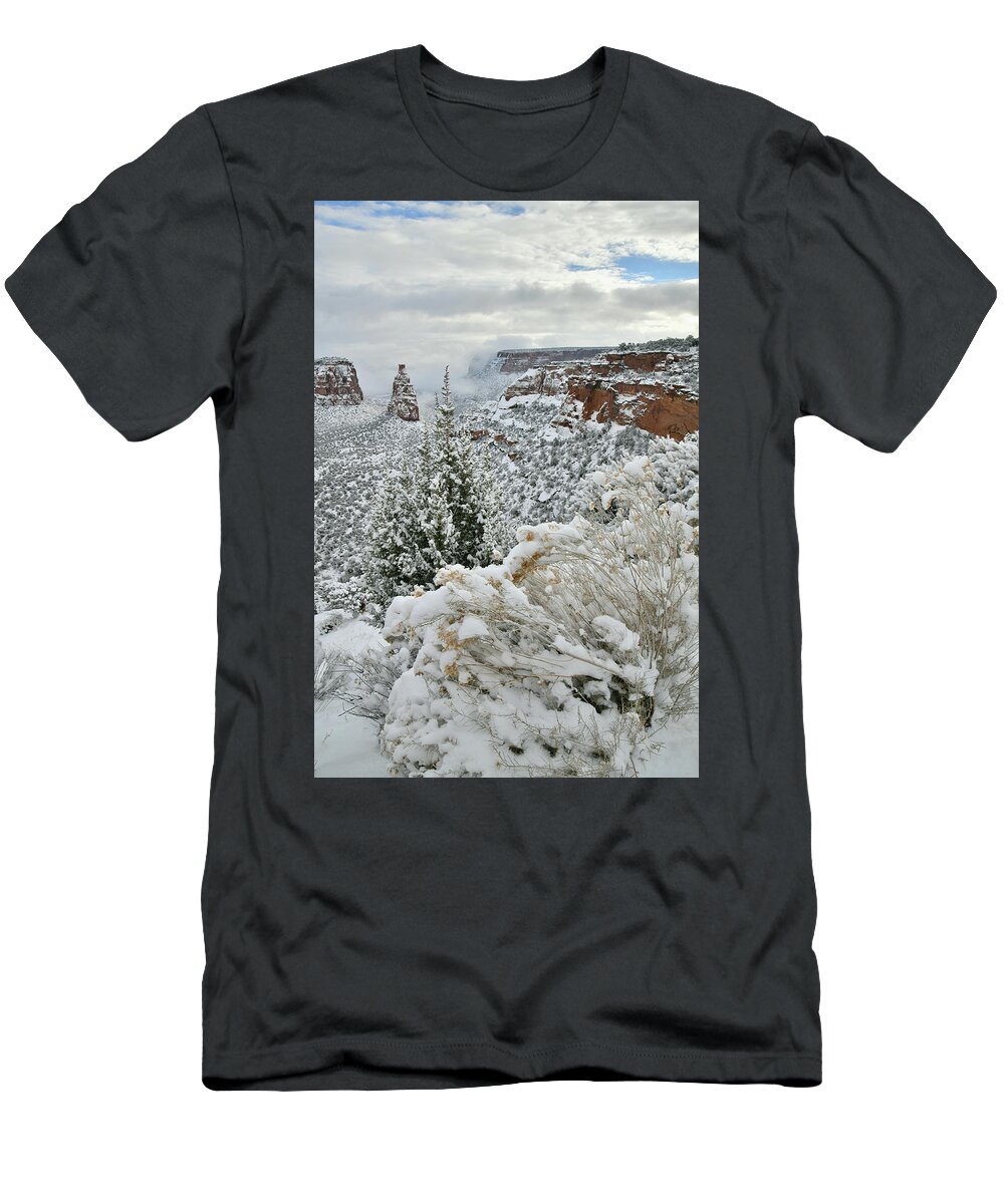 Colorado National Monument T-Shirt featuring the photograph Snowy Rim Rock Drive at Independence Monument Overlook by Ray Mathis