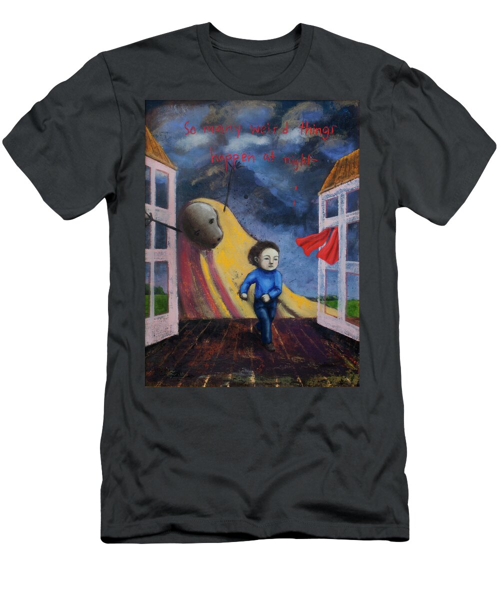Text T-Shirt featuring the painting So Many Weird Things Happen at Night by Pauline Lim