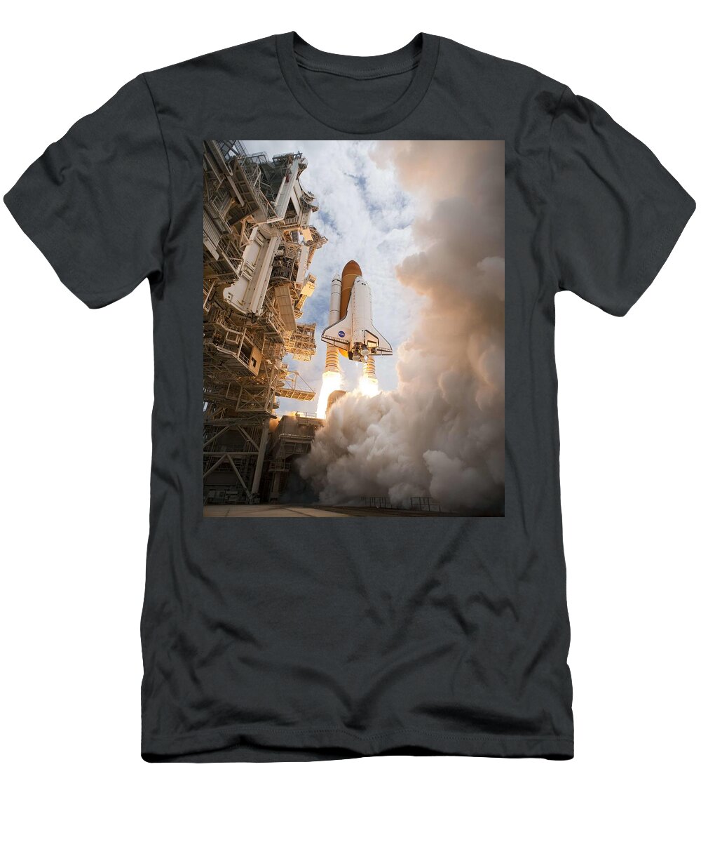 Science T-Shirt featuring the painting Space Shuttle Atlantis STS-135 mission launched from Launch Pad by Celestial Images