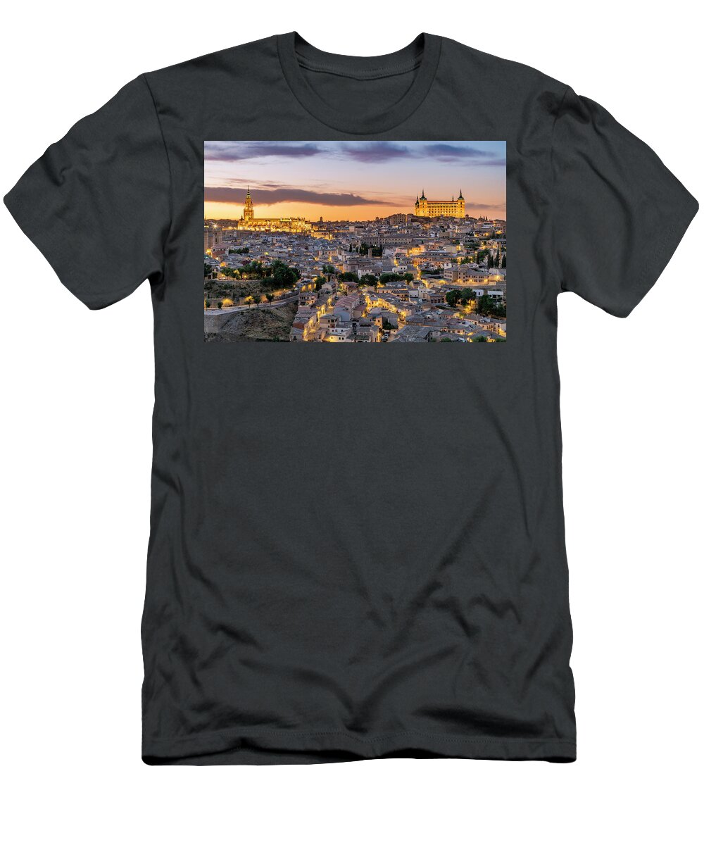 Estock T-Shirt featuring the digital art Spain, Castilla-la Mancha, Toledo District, Way Of St. James, Route Of Santiago De Compostela, Toledo, City Skyline At Sunset by Stefano Politi Markovina