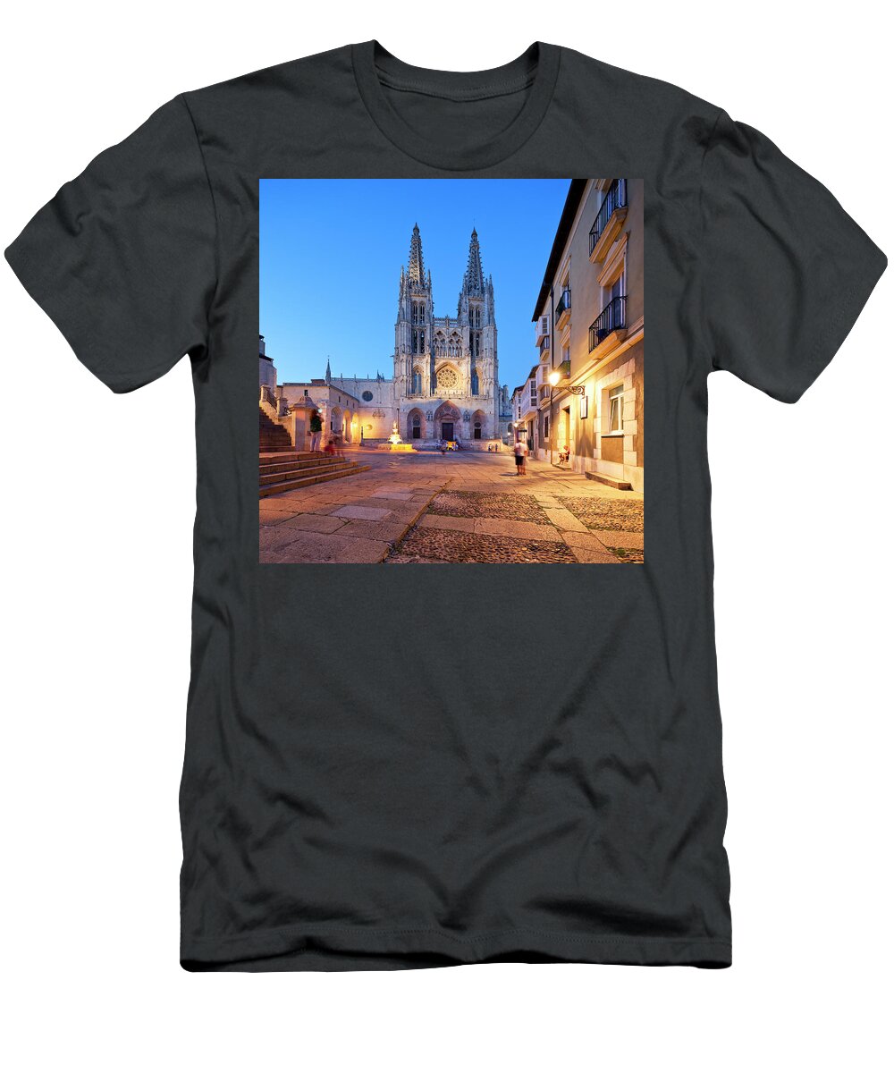 Estock T-Shirt featuring the digital art Spain, Castilla Y Leon, Burgos, Burgos District, Way Of St. James, Route Of Santiago De Compostela, Burgos Cathedral, View Of The West Front Of The Cathedral In Burgos On The Way Of St. James by Luigi Vaccarella