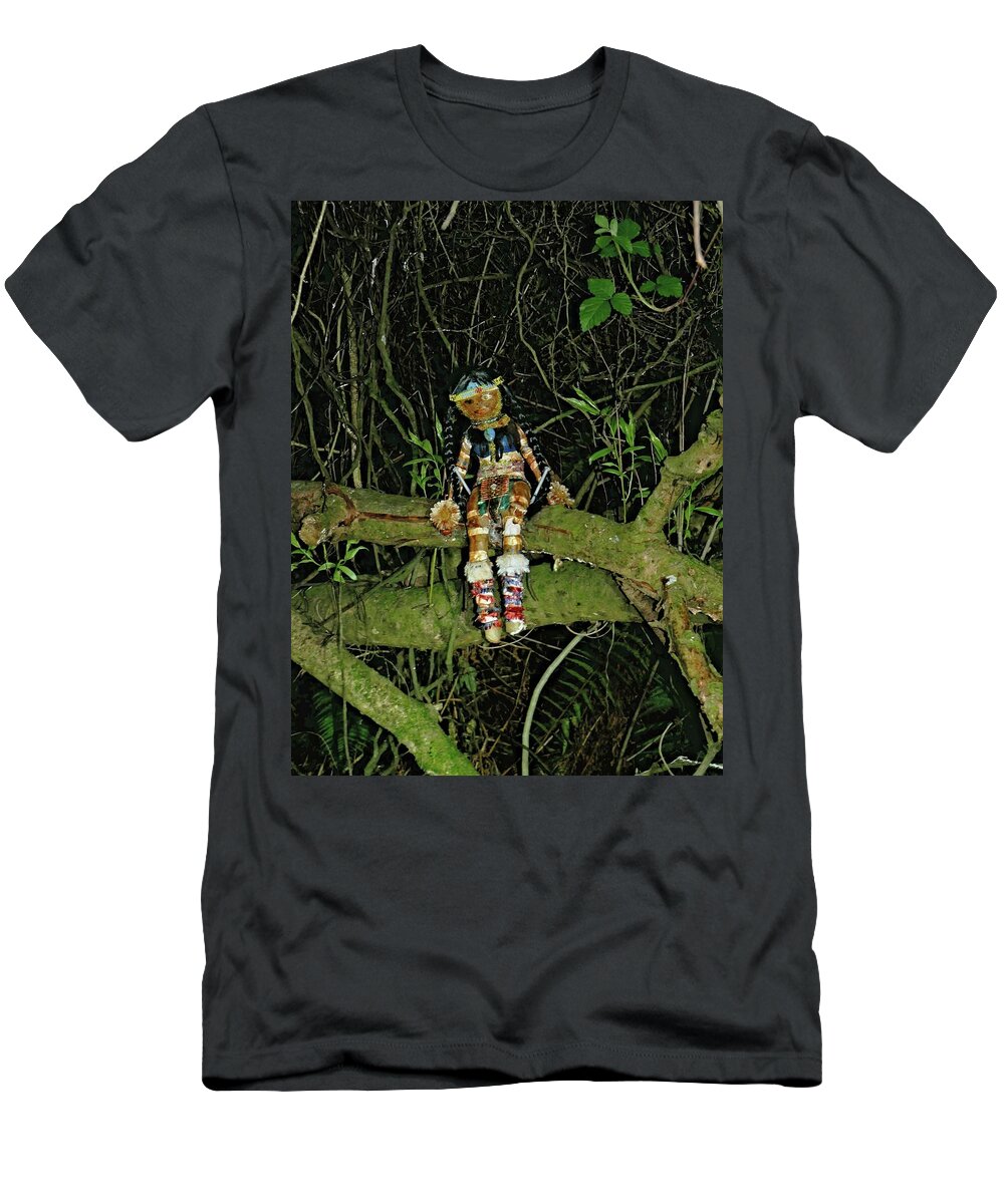 Doll T-Shirt featuring the photograph Spooky doll in forest by Martin Smith