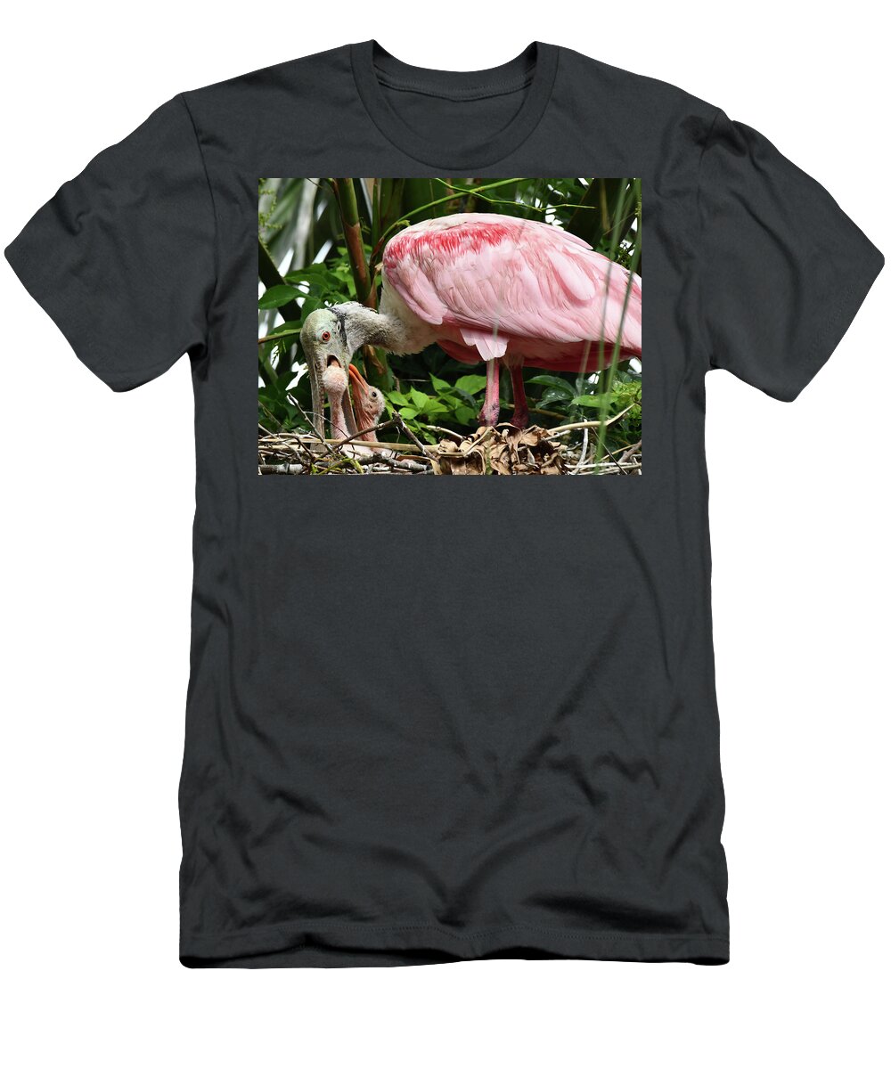 Bird T-Shirt featuring the photograph Spoonbill Feeding Young by Deborah Tidwell Artist