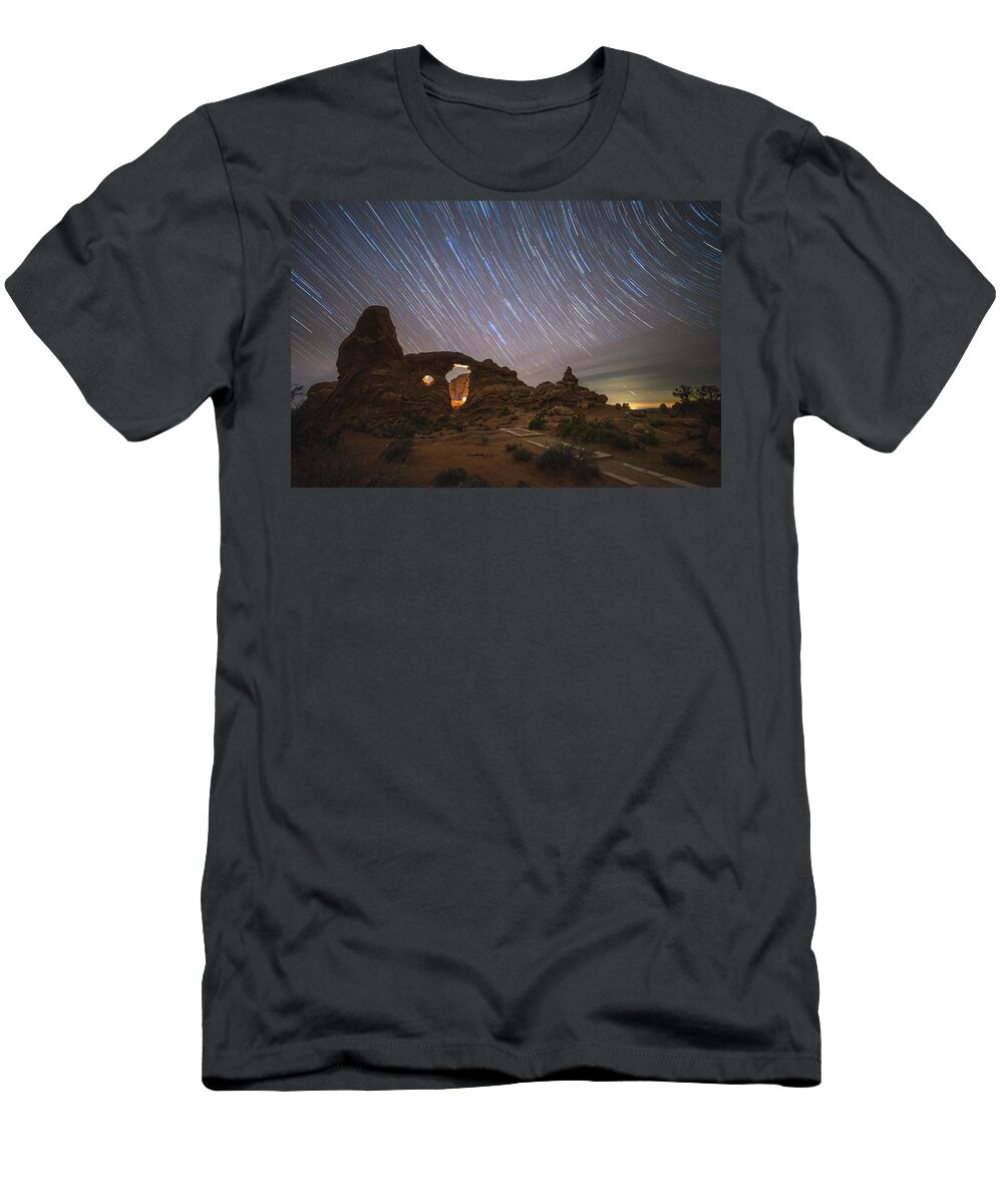 Arches National Park T-Shirt featuring the photograph Star trails over Turret Arch by Mati Krimerman