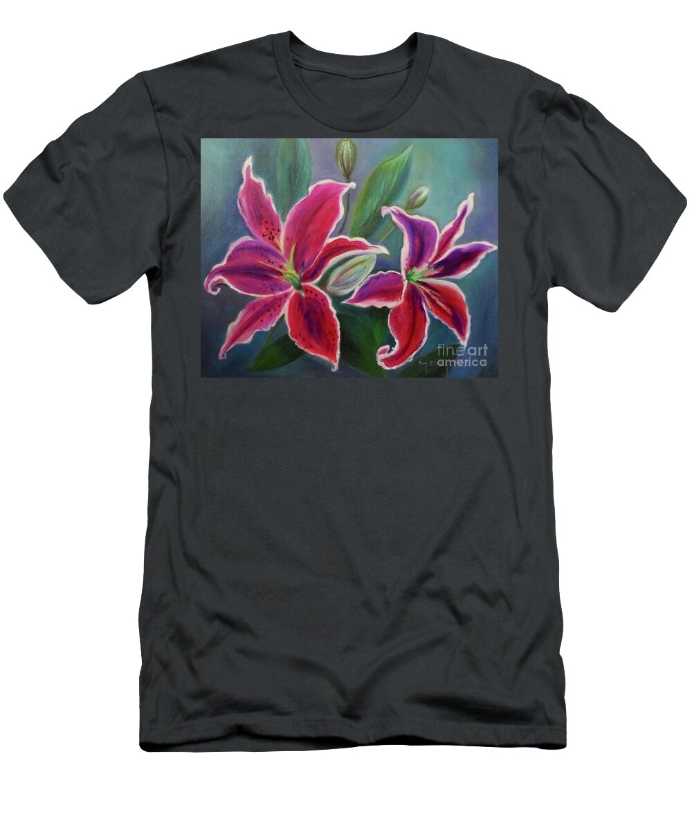 Pink Lilies T-Shirt featuring the painting Stargazer Lilies by Jenny Lee