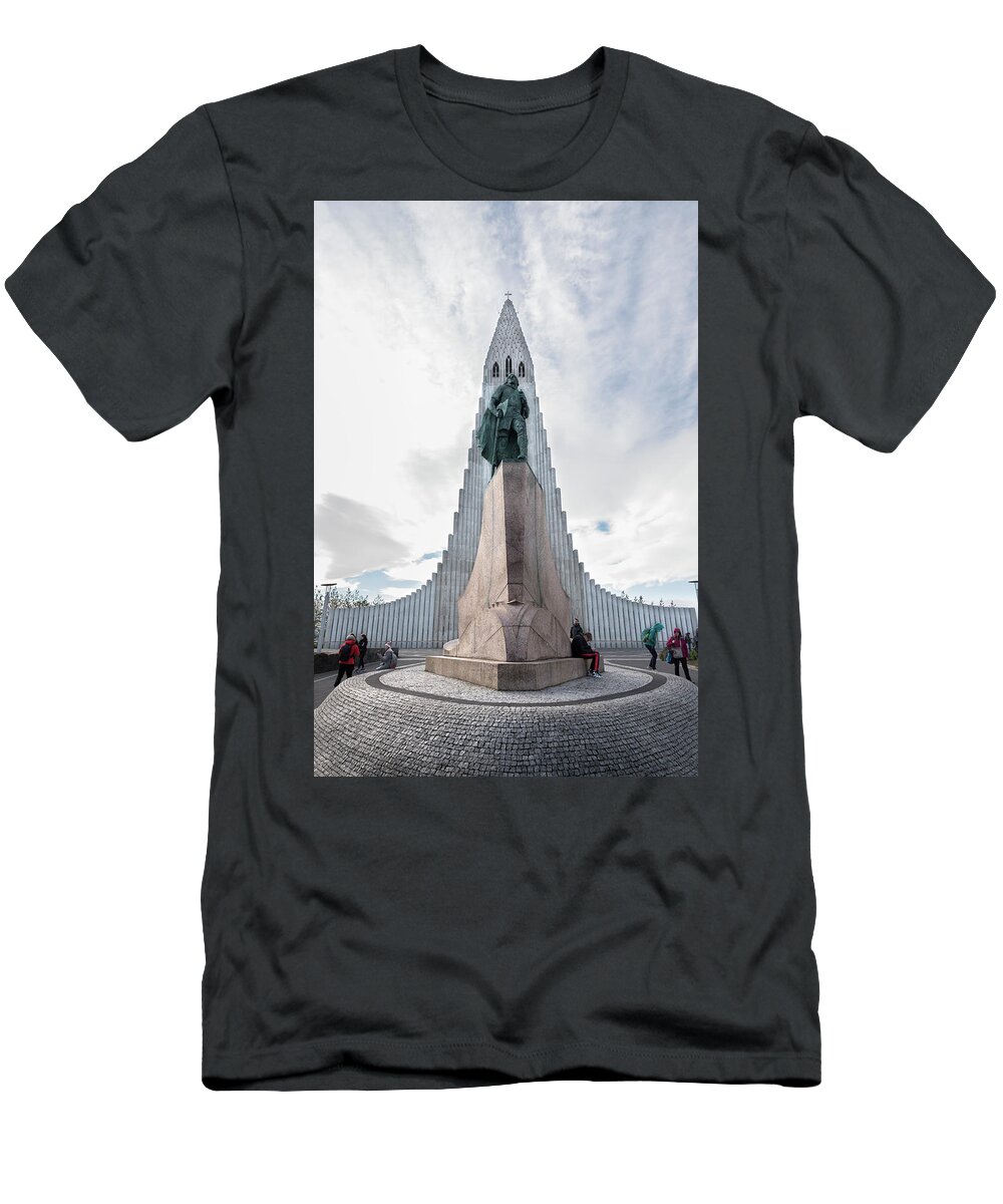 Iceland T-Shirt featuring the photograph Statue of explorer Leif Erikson and Hallgrimskirkja in Reykjavik by RicardMN Photography