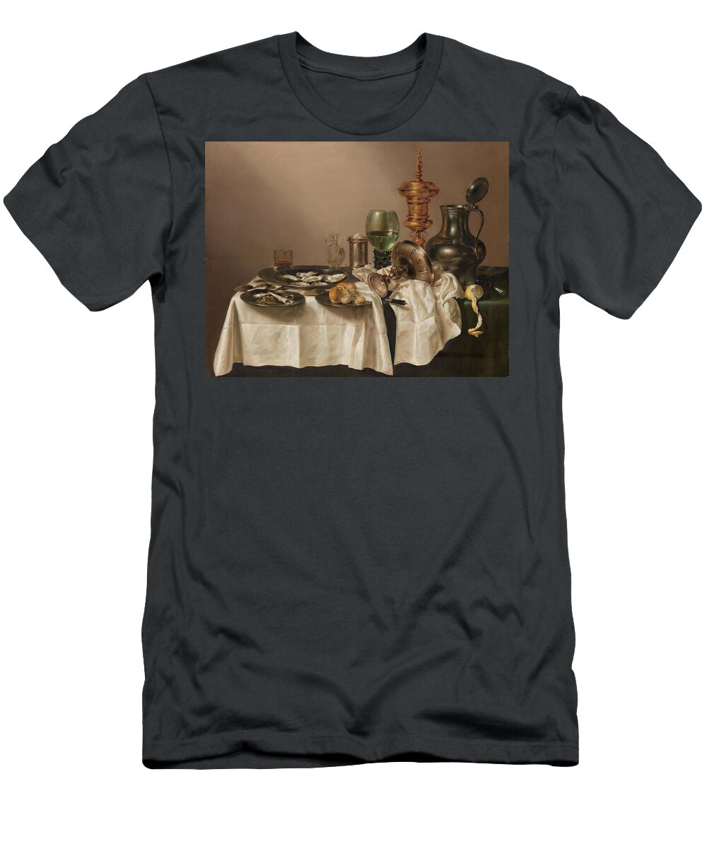 Oil On Panel T-Shirt featuring the painting Still Life with a Gilt Cup. Still Life with a Broken Glass. by Willem Claesz Heda