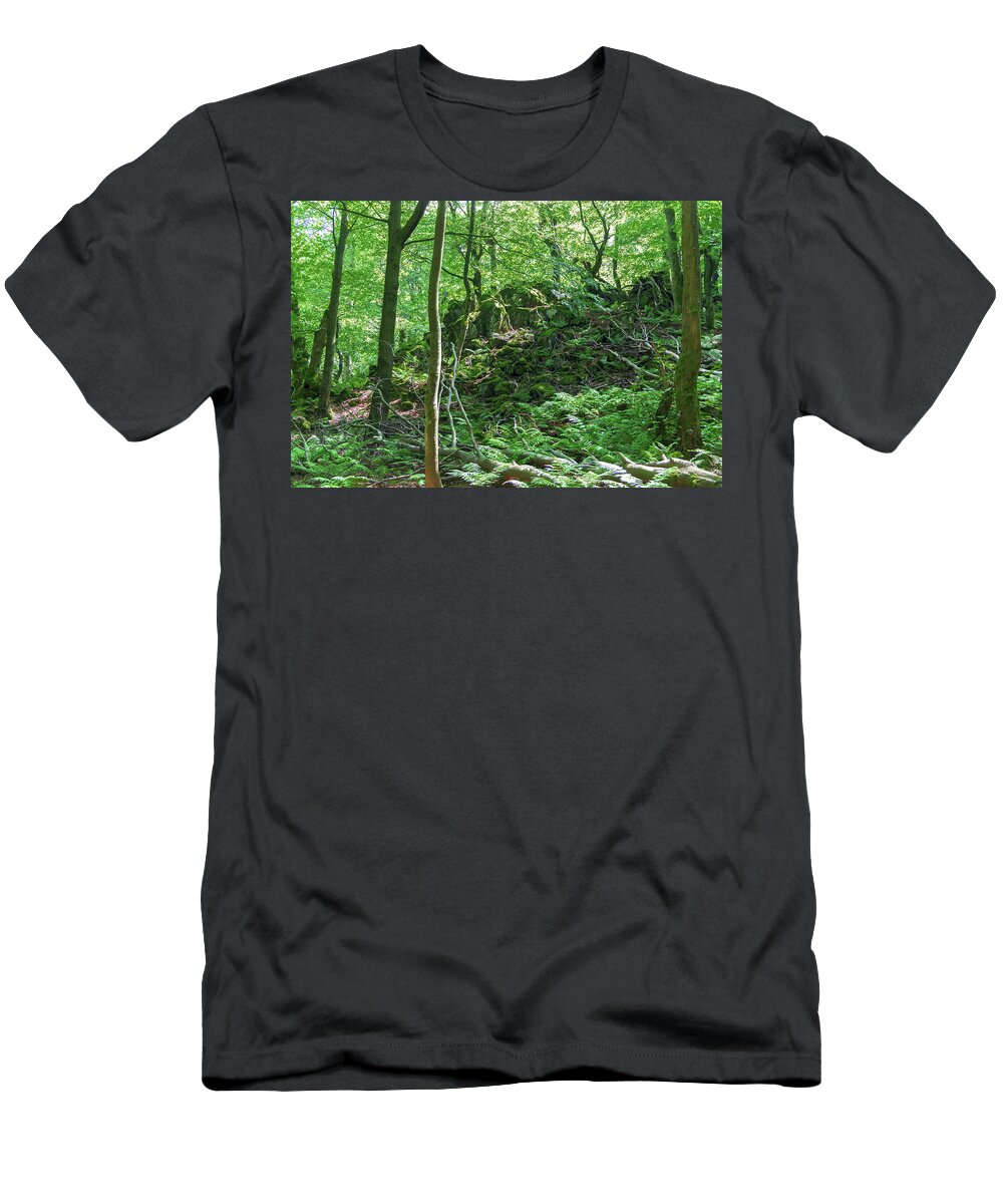 Forest T-Shirt featuring the photograph Stones in a forest in Vogelsberg by Sun Travels