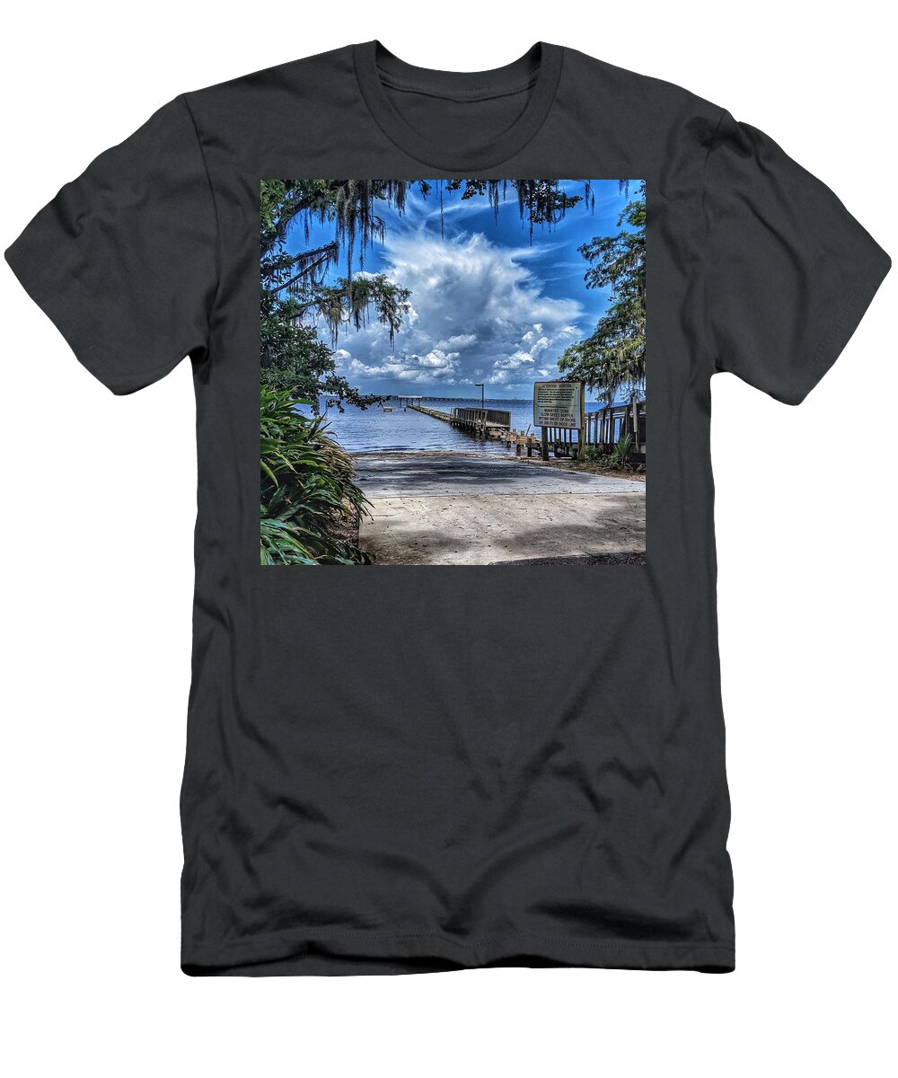 Clouds T-Shirt featuring the photograph Strolling by the Dock by Portia Olaughlin