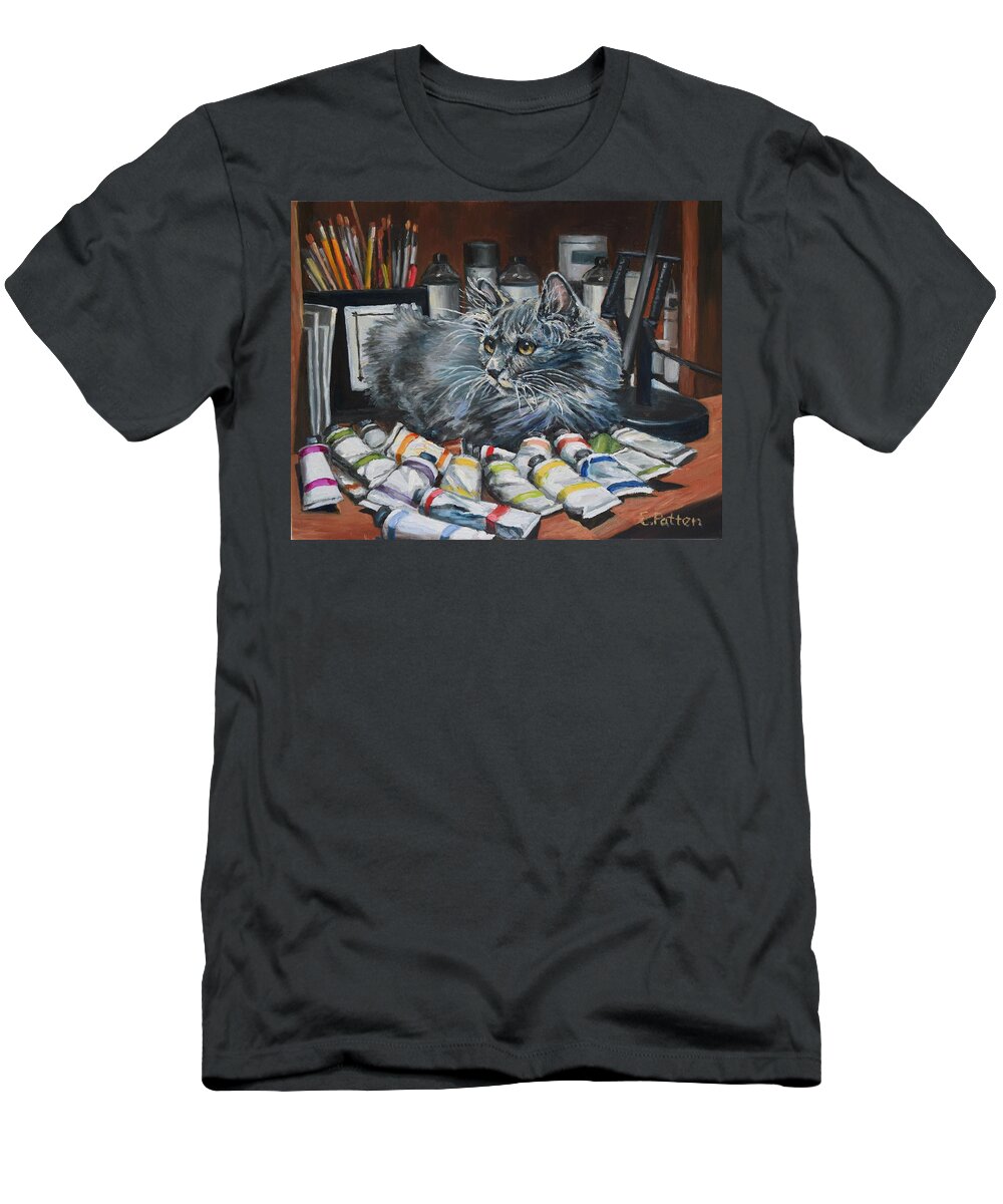 Cat T-Shirt featuring the painting Studio Cat In Training by Eileen Patten Oliver