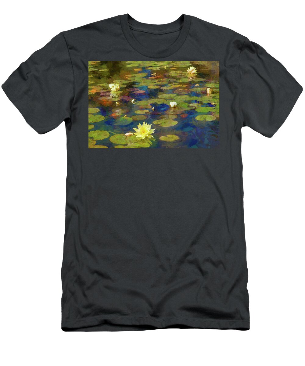 Water Lily T-Shirt featuring the digital art Sunny Lily Pond by Bonnie Follett