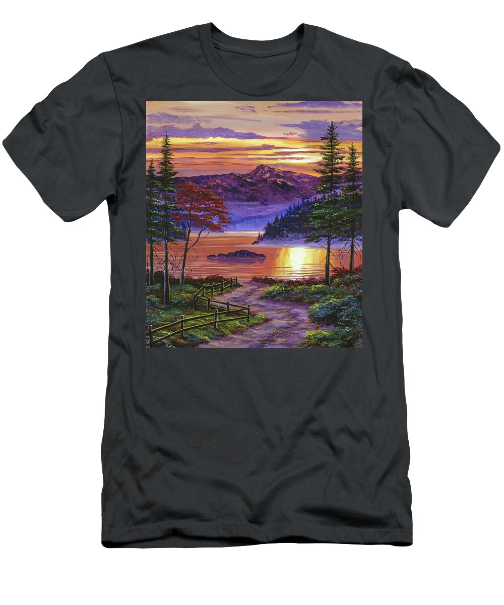 Landscape T-Shirt featuring the painting Sunrise At Misty Lake by David Lloyd Glover