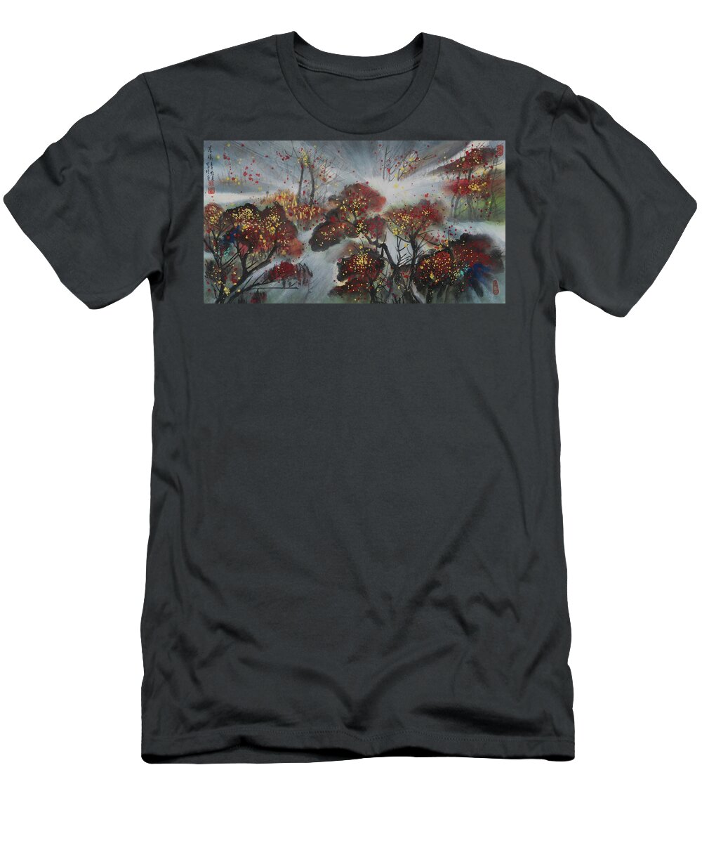 Chinese Watercolor T-Shirt featuring the painting Sunrise Through the Mist by Jenny Sanders