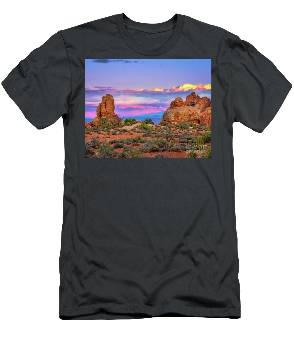 Moab T-Shirt featuring the photograph Sunset at Arches National Park by Izet Kapetanovic