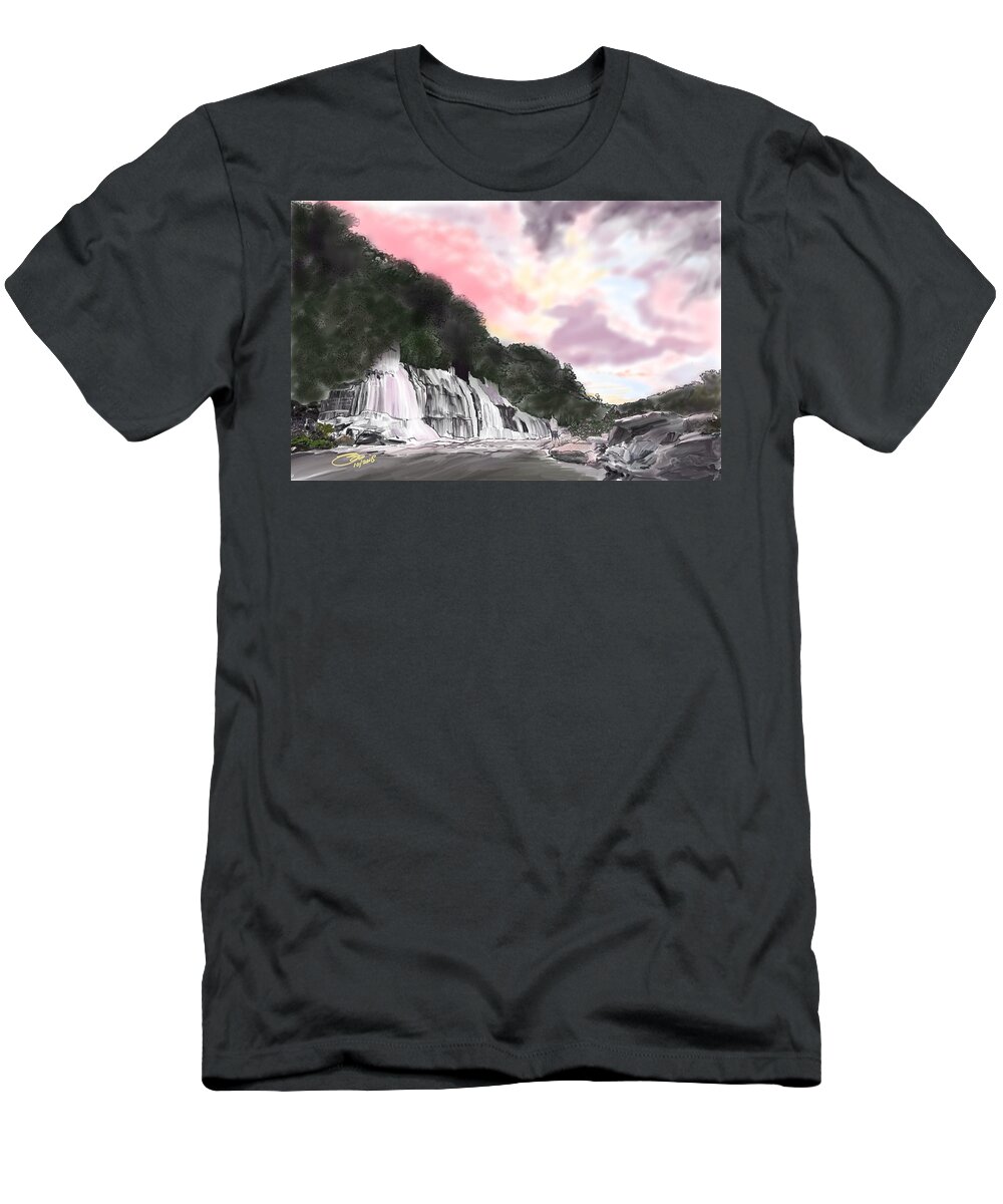 Sunsets T-Shirt featuring the digital art Sunset at the Falls by Joel Deutsch