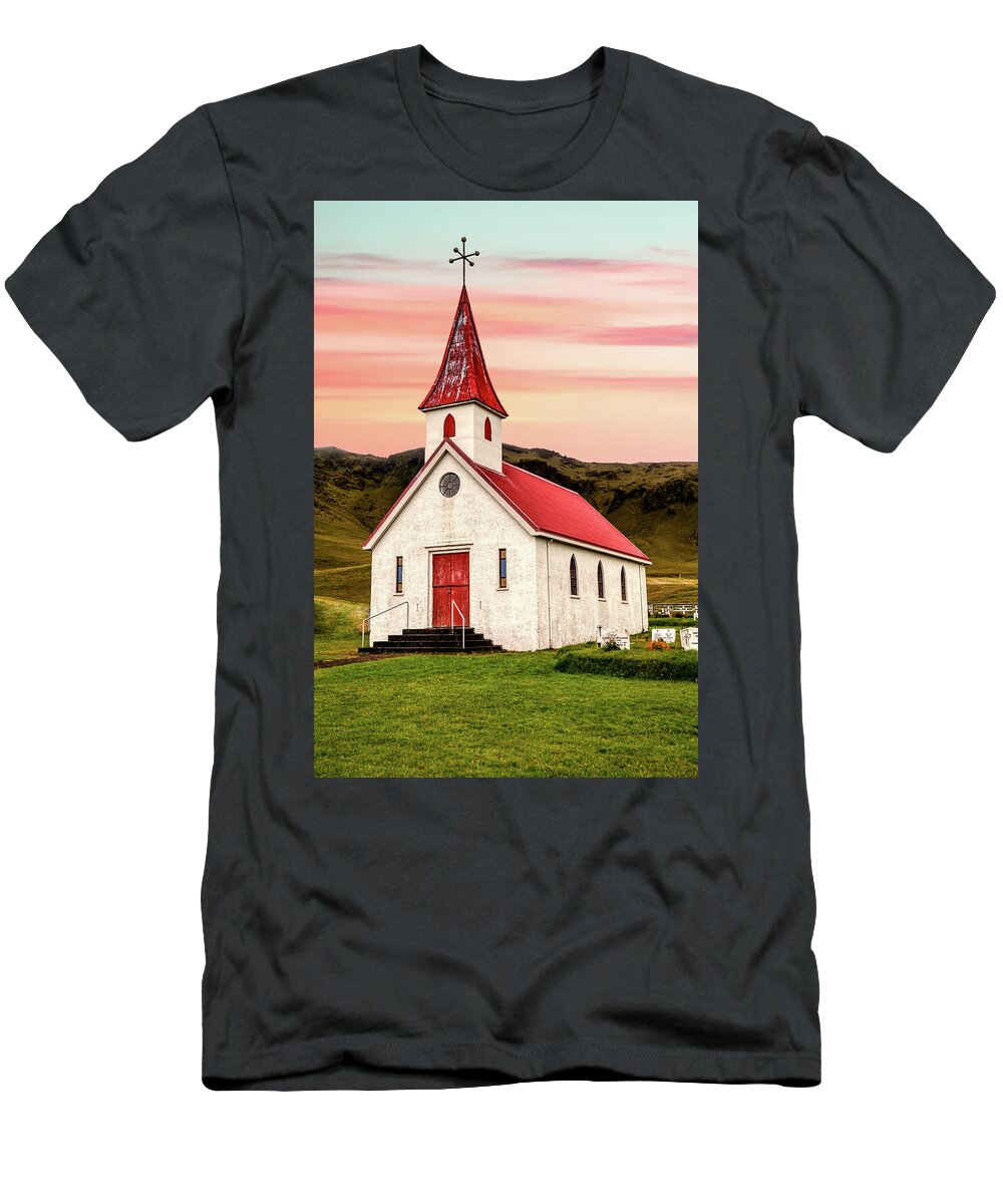 Church T-Shirt featuring the photograph Sunset Chapel of Iceland by David Letts