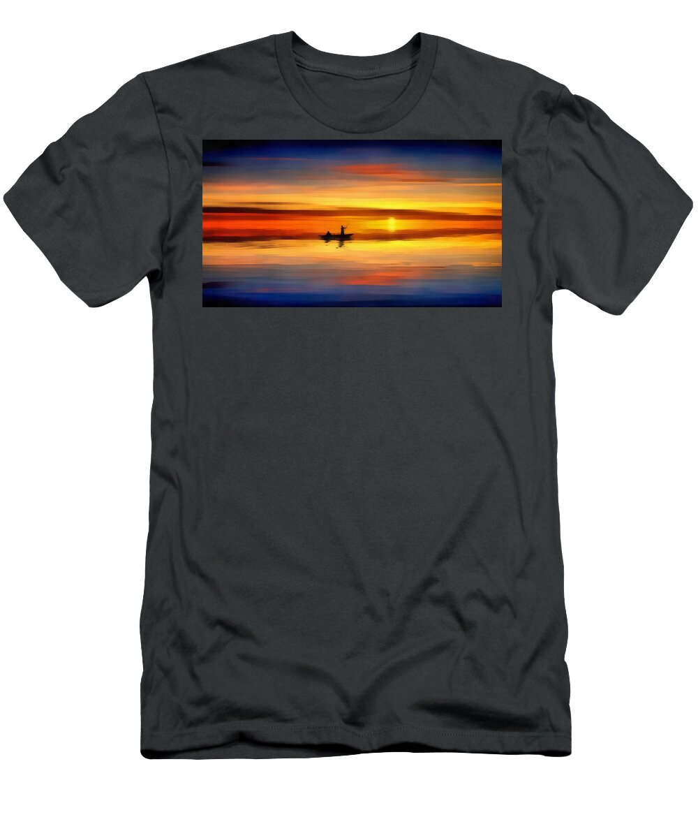 Sunset Fishing T-Shirt featuring the painting Sunset Fishing by Harry Warrick