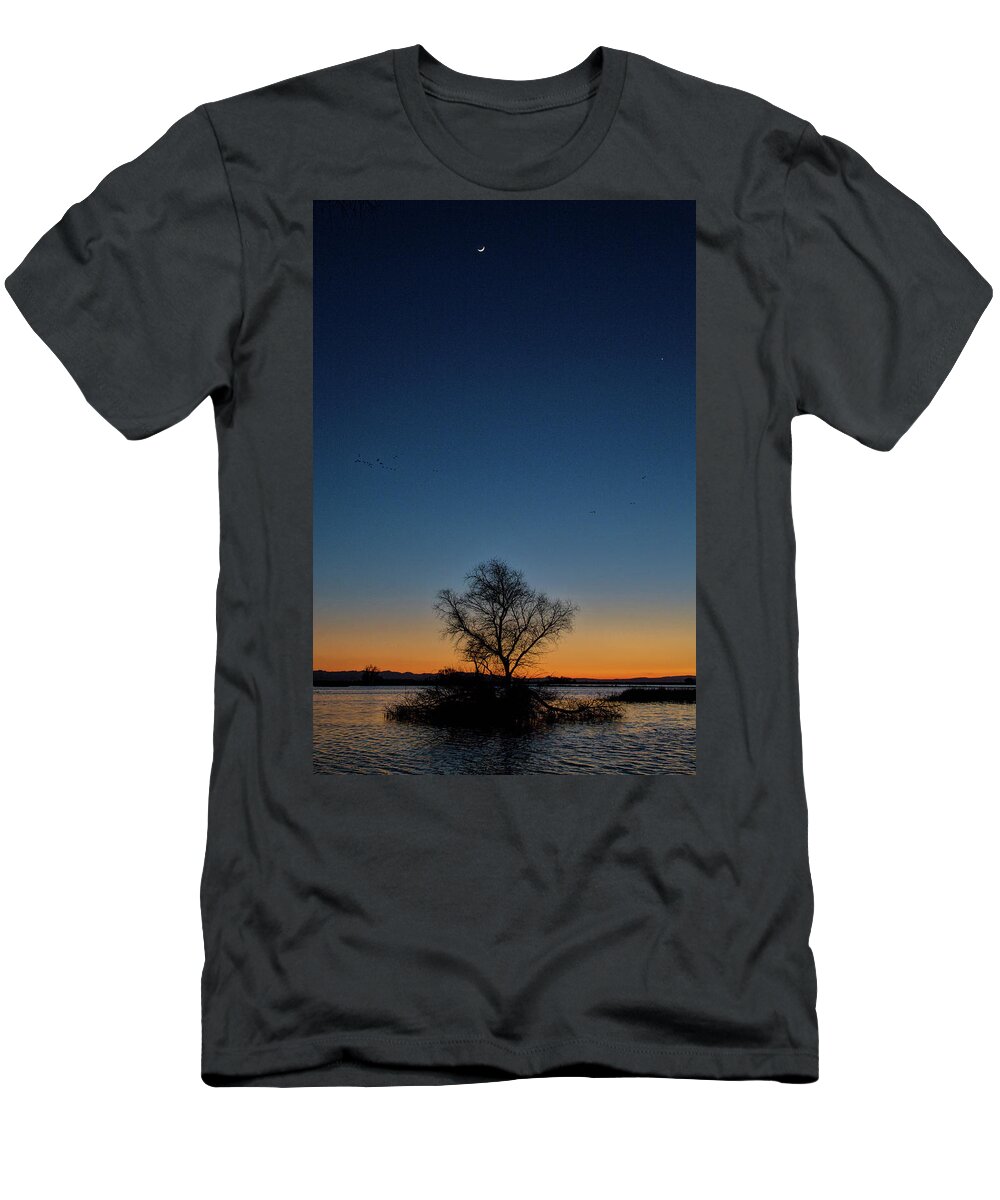 California T-Shirt featuring the photograph Sunset in the Refuge with Moon by Cheryl Strahl