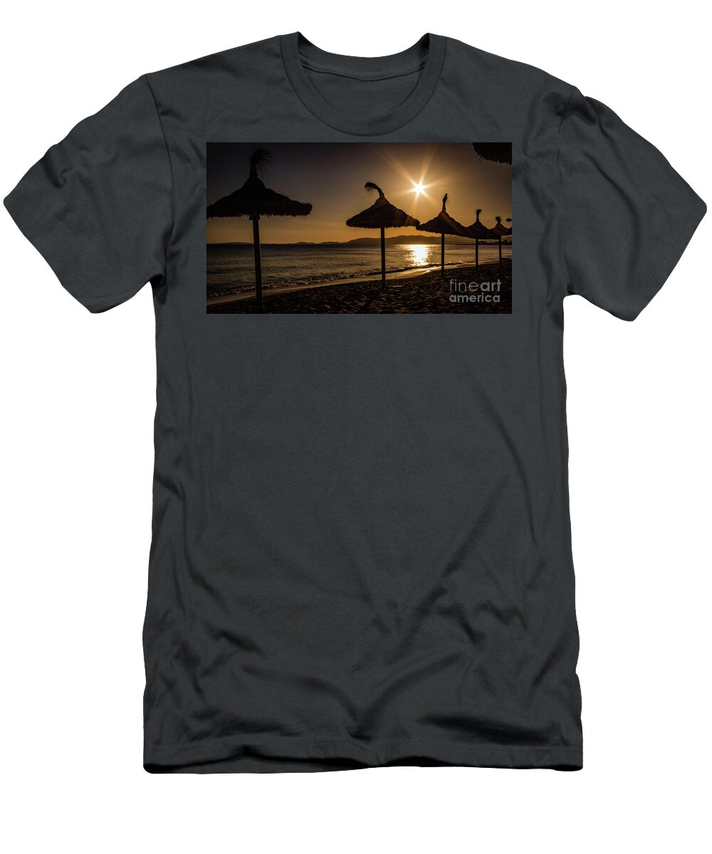 Sunset T-Shirt featuring the photograph Sunset on the beach, Mallorca, Spain by Lyl Dil Creations