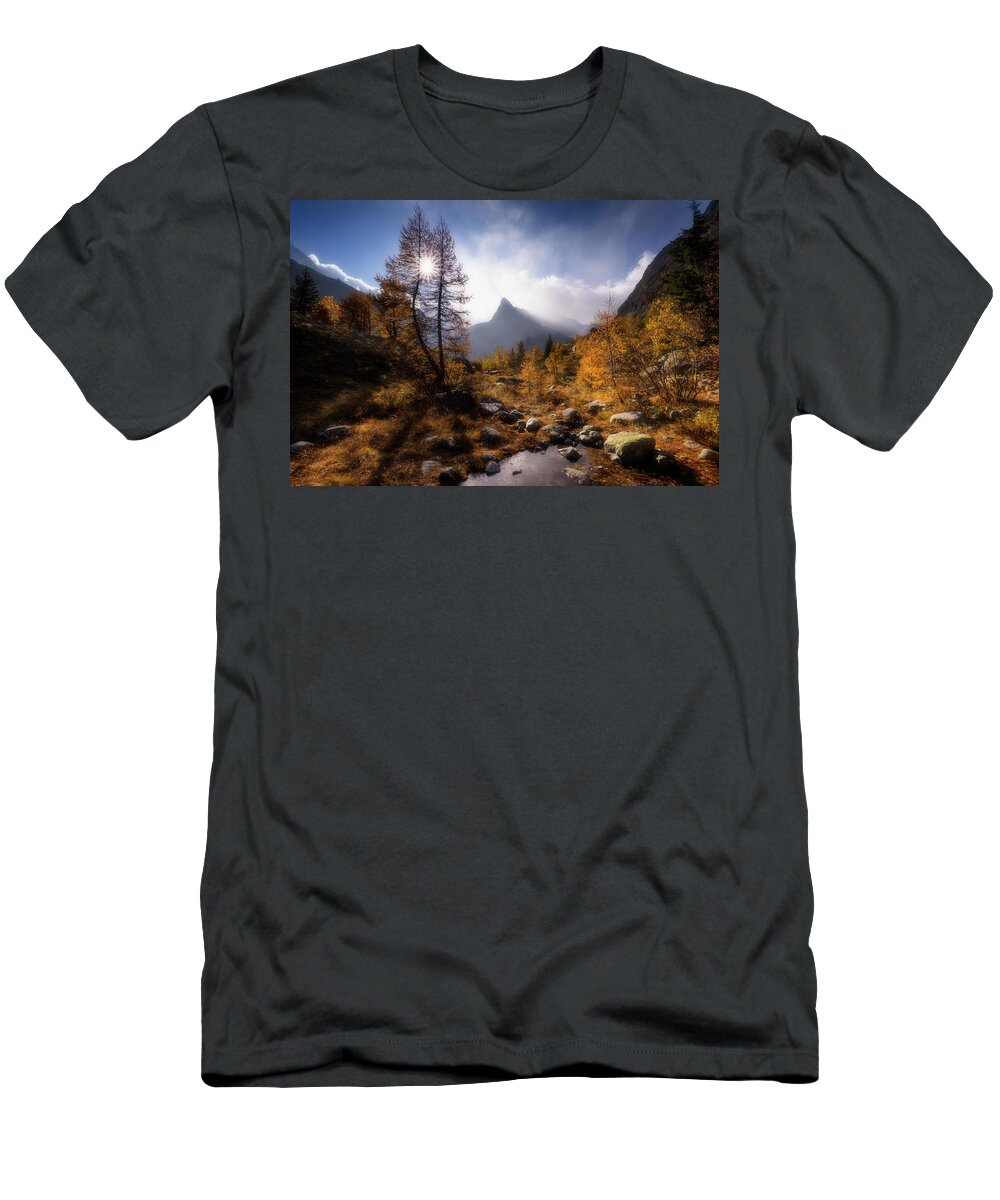 Water T-Shirt featuring the photograph Sunstar through the trees by Dominique Dubied