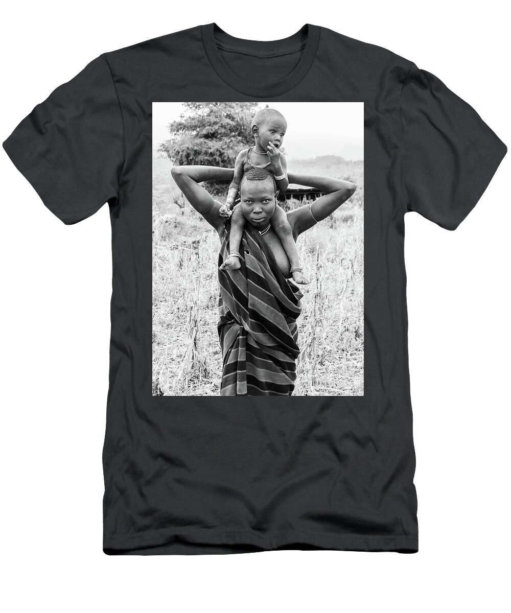 Portrait T-Shirt featuring the photograph Suri woman and child 2 by Mache Del Campo