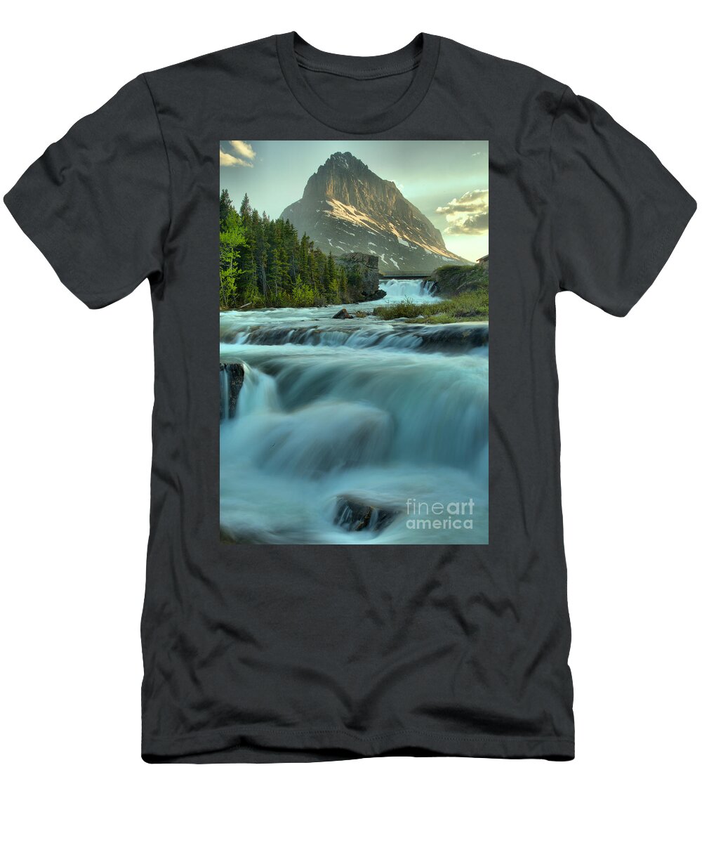 Swift Current Falls T-Shirt featuring the photograph Swiftcurrent Falls Spring Sunset by Adam Jewell