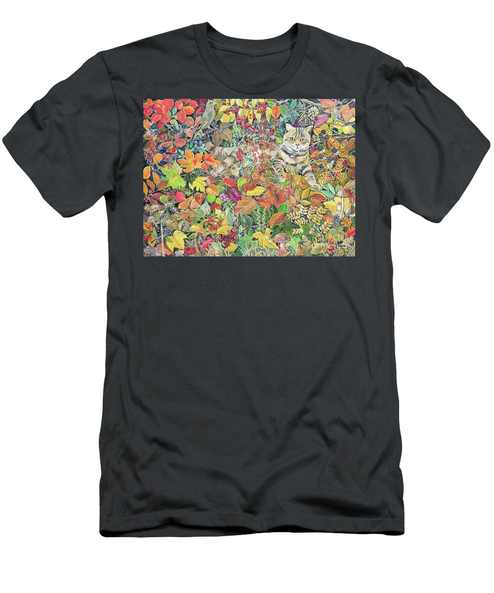 Contemporary Art T-Shirt featuring the painting Tabby In Autumn, 1996 by Hilary Jones